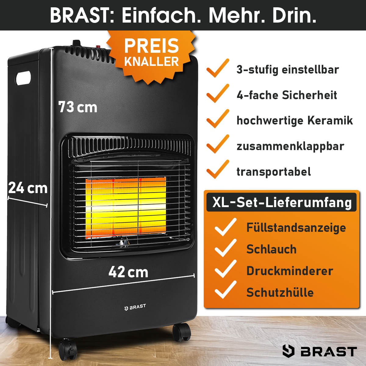 Zusammenklappbarer Gasheizer mit drei Leistungsstufen, vierfacher Sicherheit und praktischem Zubehör