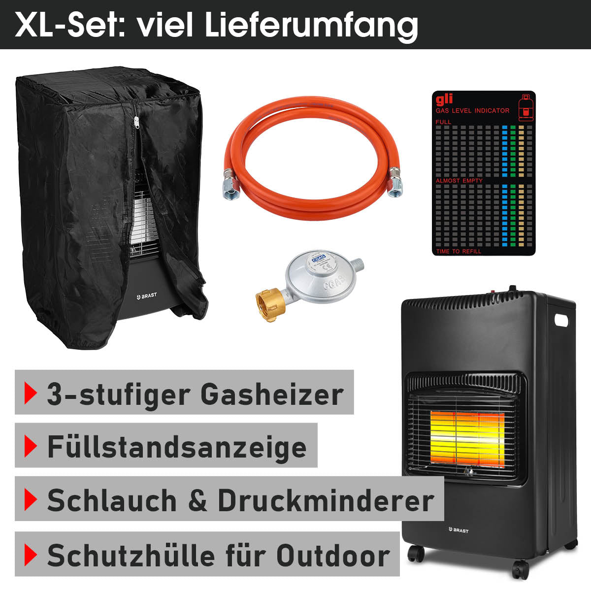 Brast Keramik Gasheizer mit praktischem Zubehör, wie Füllstandsanzeige, Schlauch und Druckminderer und Schutzhülle