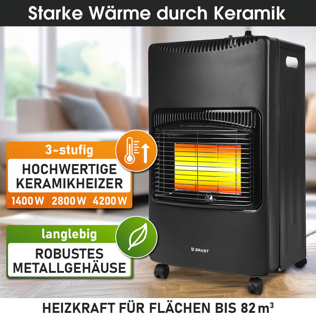 Gasheizer mit drei Leistungsstufen und einem robusten Metallgehäuse für Flächen bis 82m³