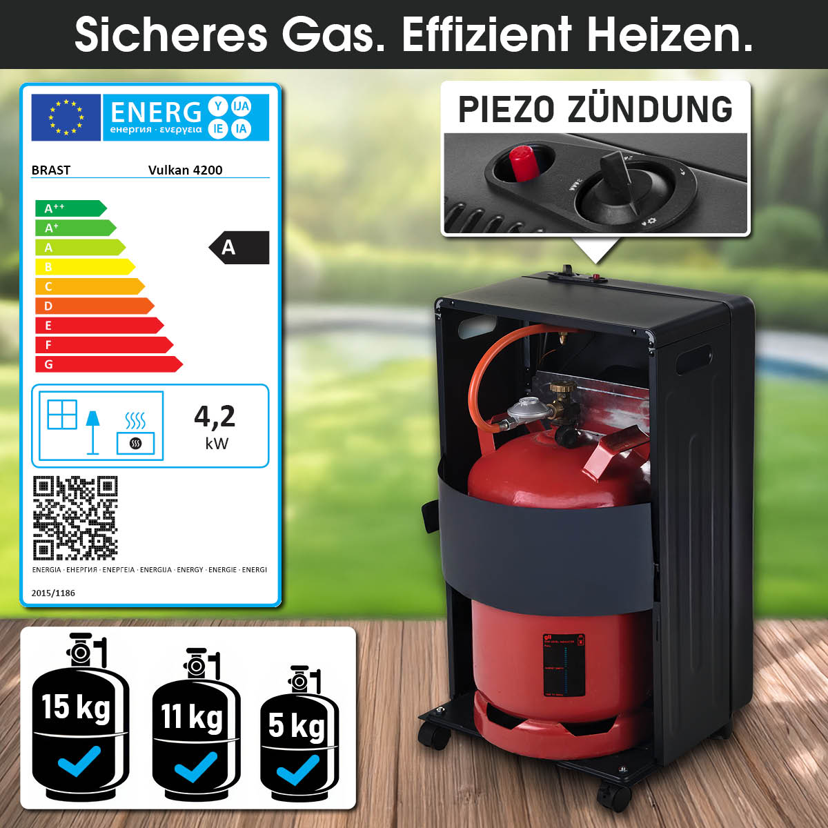 Keramikheizer mit Piezo-Zündung und Energieeffizienzklasse A