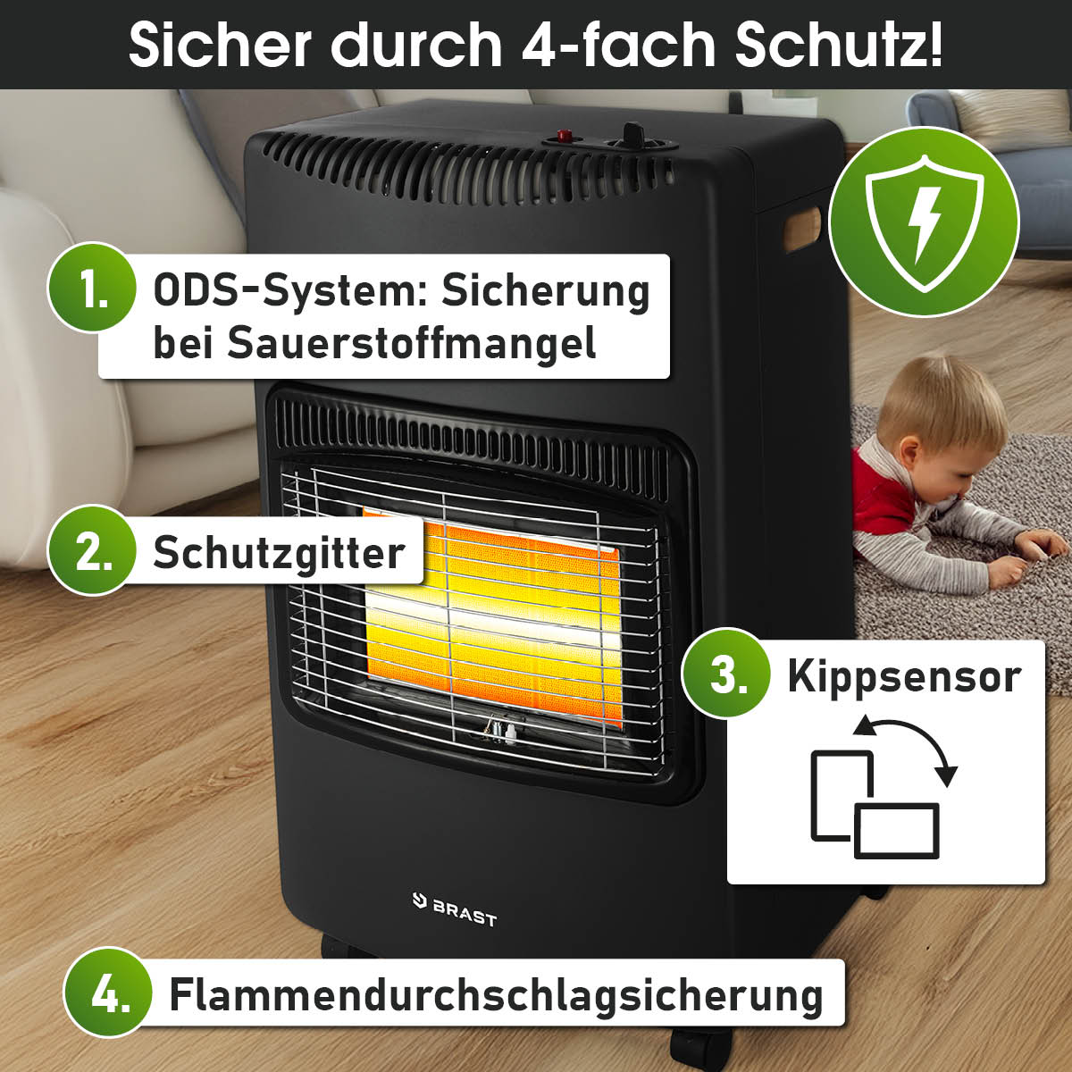 Keramik Gasheizung mit vier Schutzmechanismen: ODS-System, Schutzgittter, Kippsensor und Flammendurchschlagssicherung