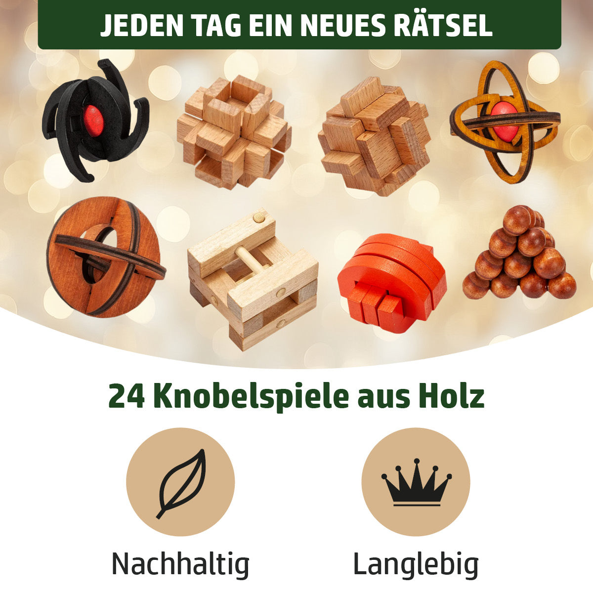 Weihnachtskalender mit 24 Knobelspielen aus Holz