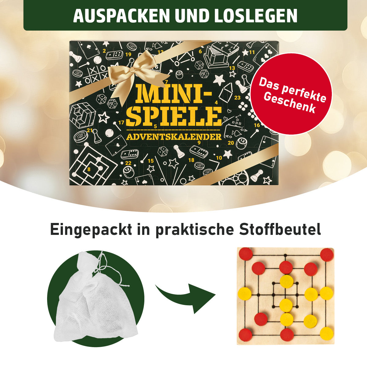 Adventskalender für Erwachsene mit 24 Mini-Spielen einzeln in praktischen Stoffbeuteln eingepackt