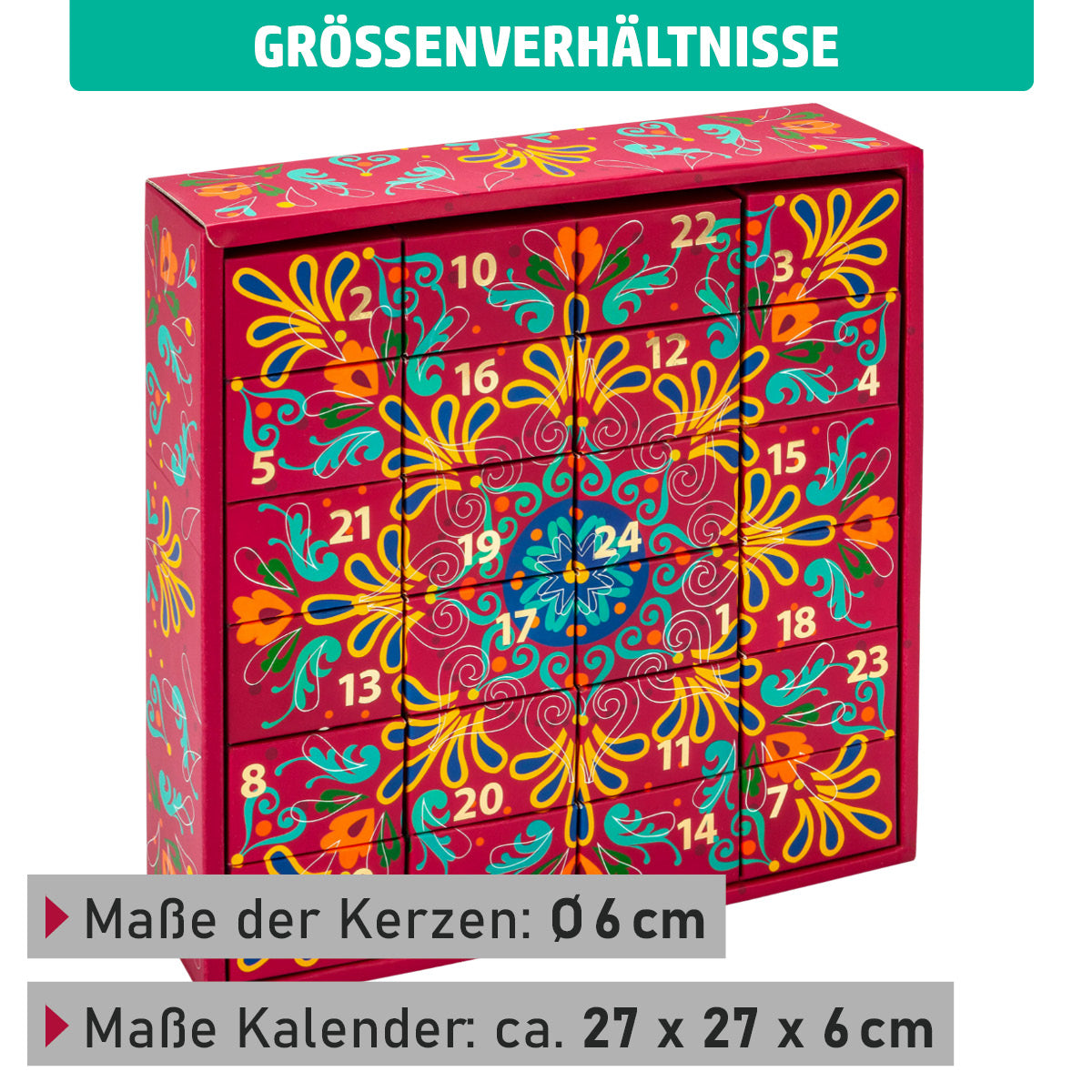 Adventskalender mit Kerzendurchmesser 6cm und Gesamtmaßen von 27x27x6cm