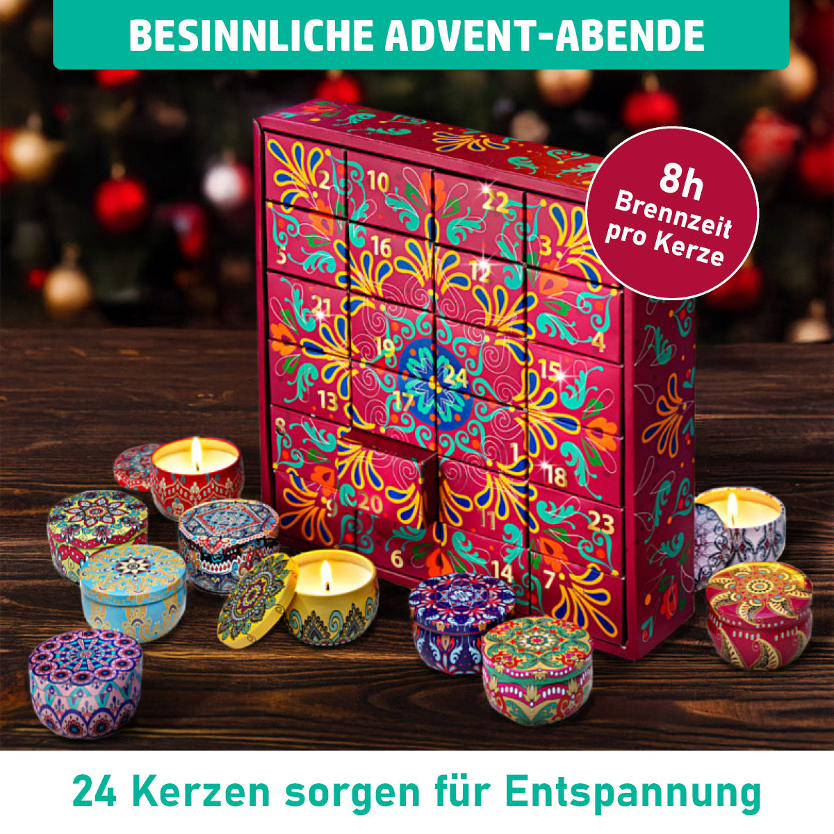 Adventkalender mit Duftkerzen die mit einer Brenndauer von 8 Stunden pro Kerze überzeugen