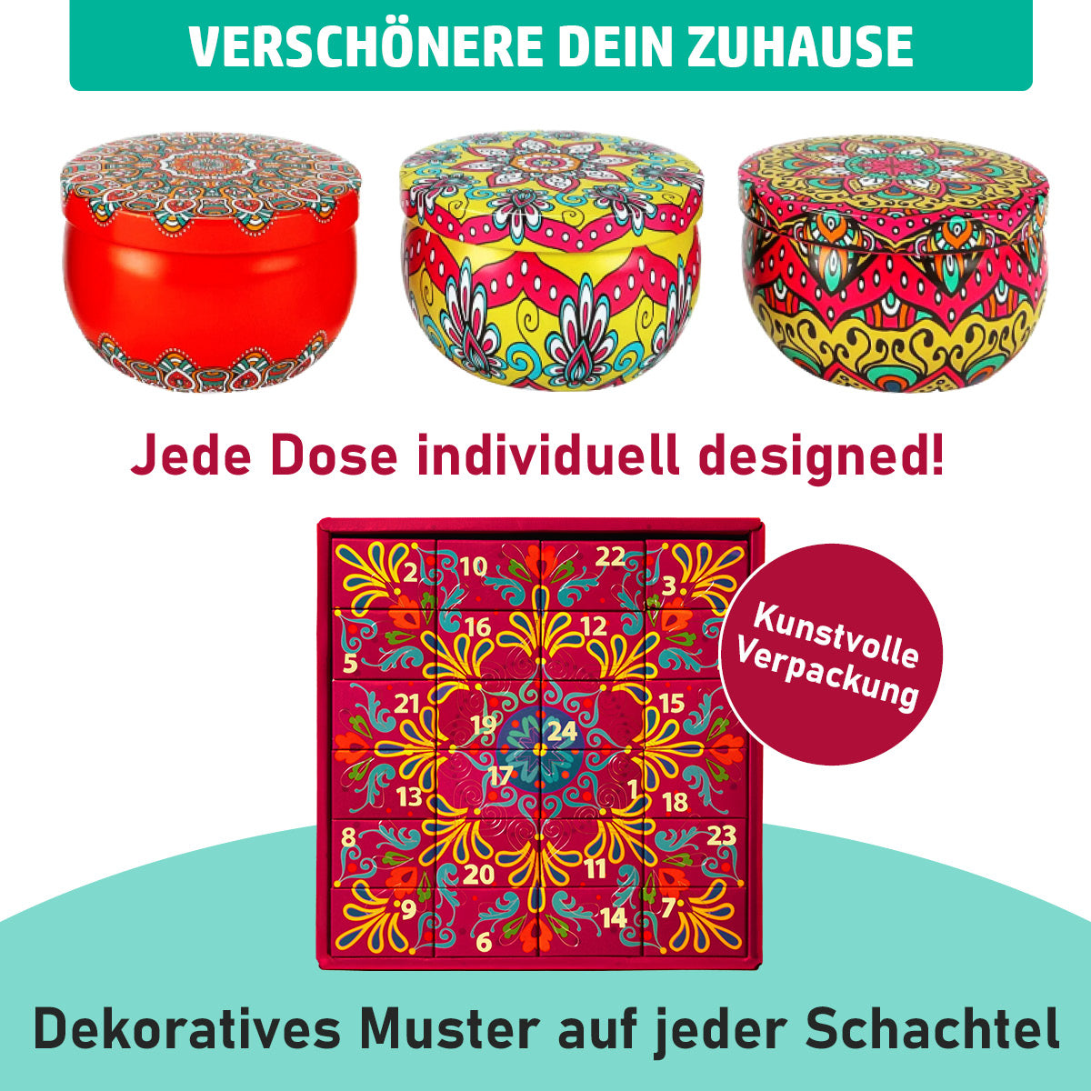 Frauen Adventskalender mit Kerzen in dekorativen Dosen mit individuellem Design zur Wiederverwendung