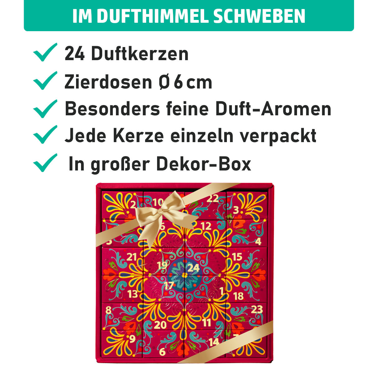Adventkalender Frauen mit 24 Duftkerzen in 6cm Durchmesser Zierdosen