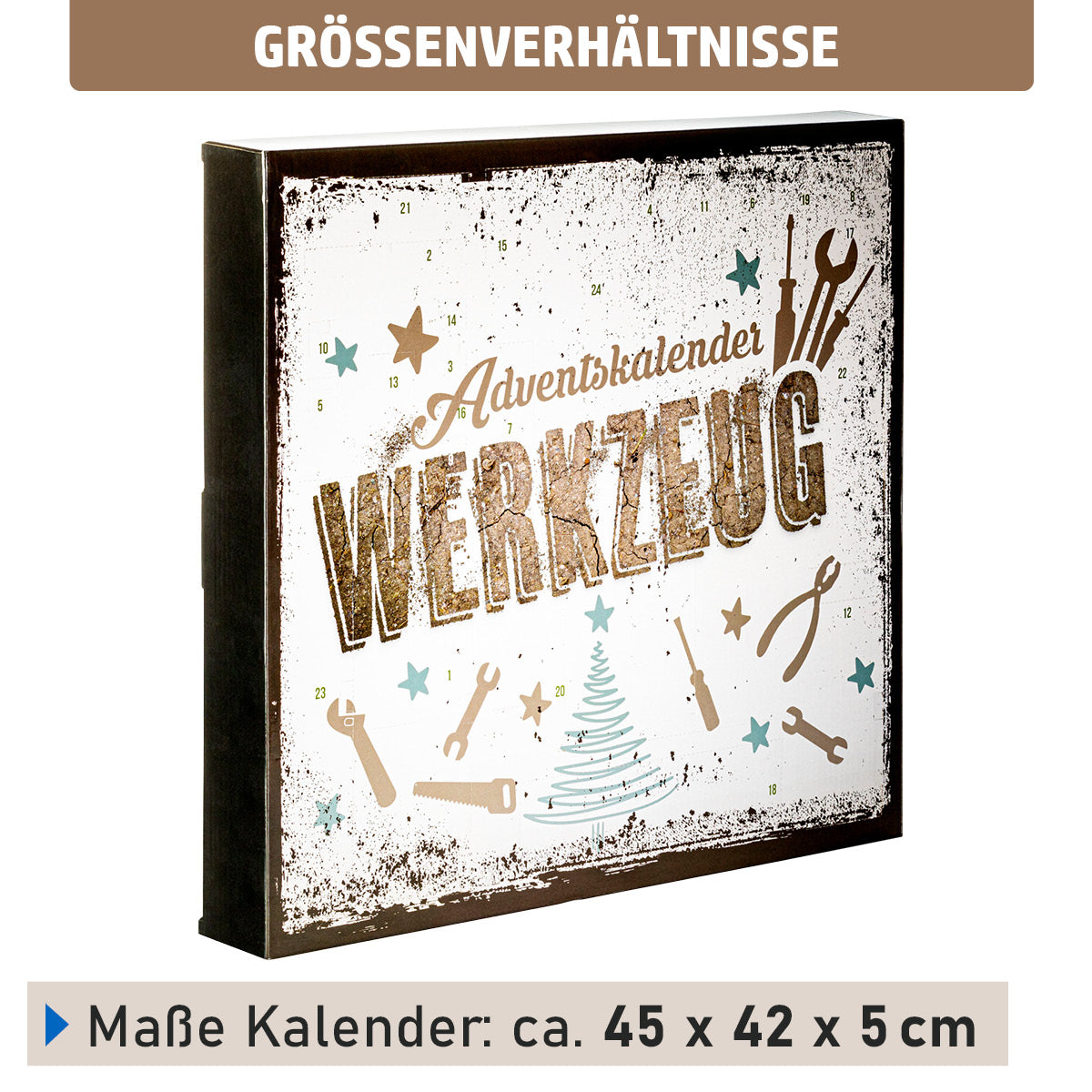 Werkzeug Adventskalender mit Maßen von 45x42x5cm