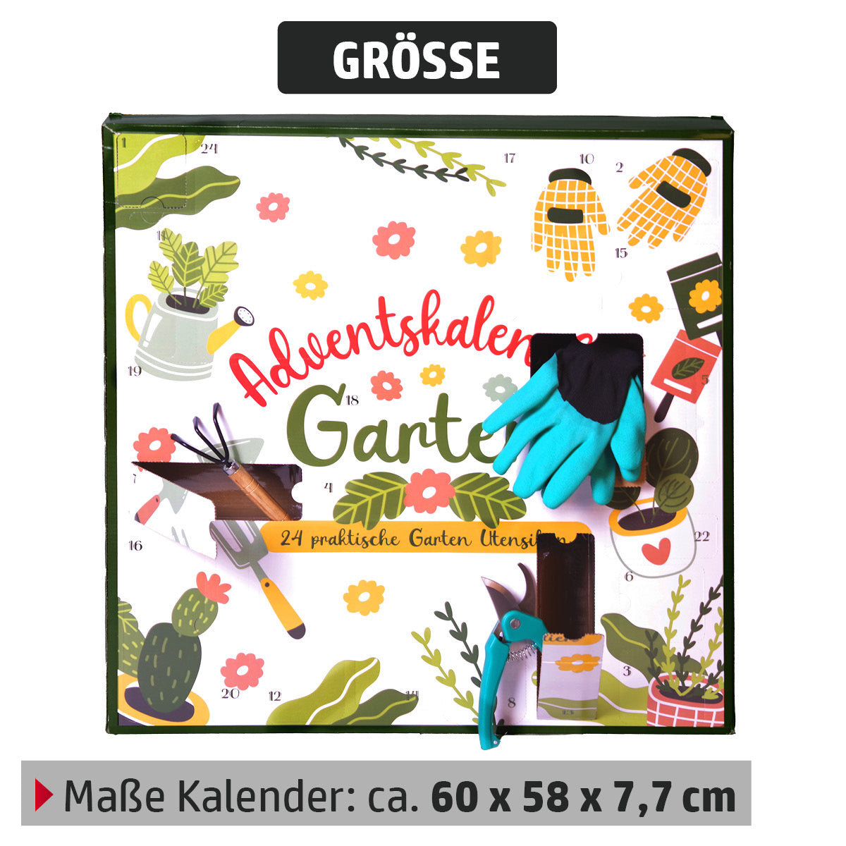 Garten Adventskalender mit Gesamtmaßen von 60x58x7,7cm