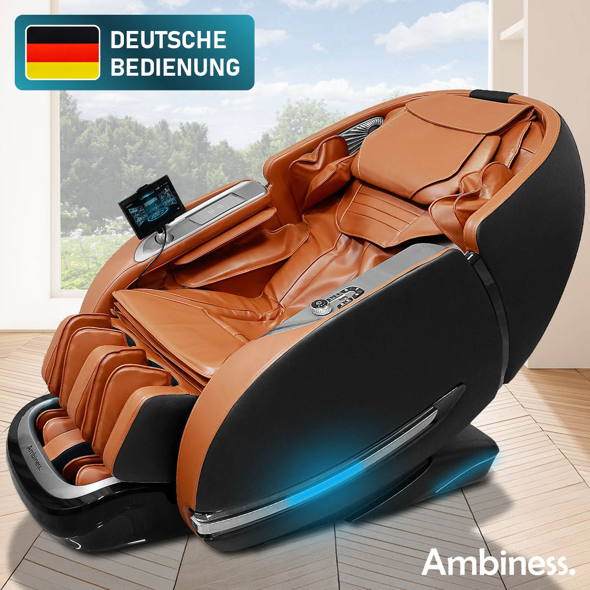 Cognacfarbener Massagesessel mit Wärmefunktion und moderner Bedienung, Relaxsessel für Ganzkörpermassage.