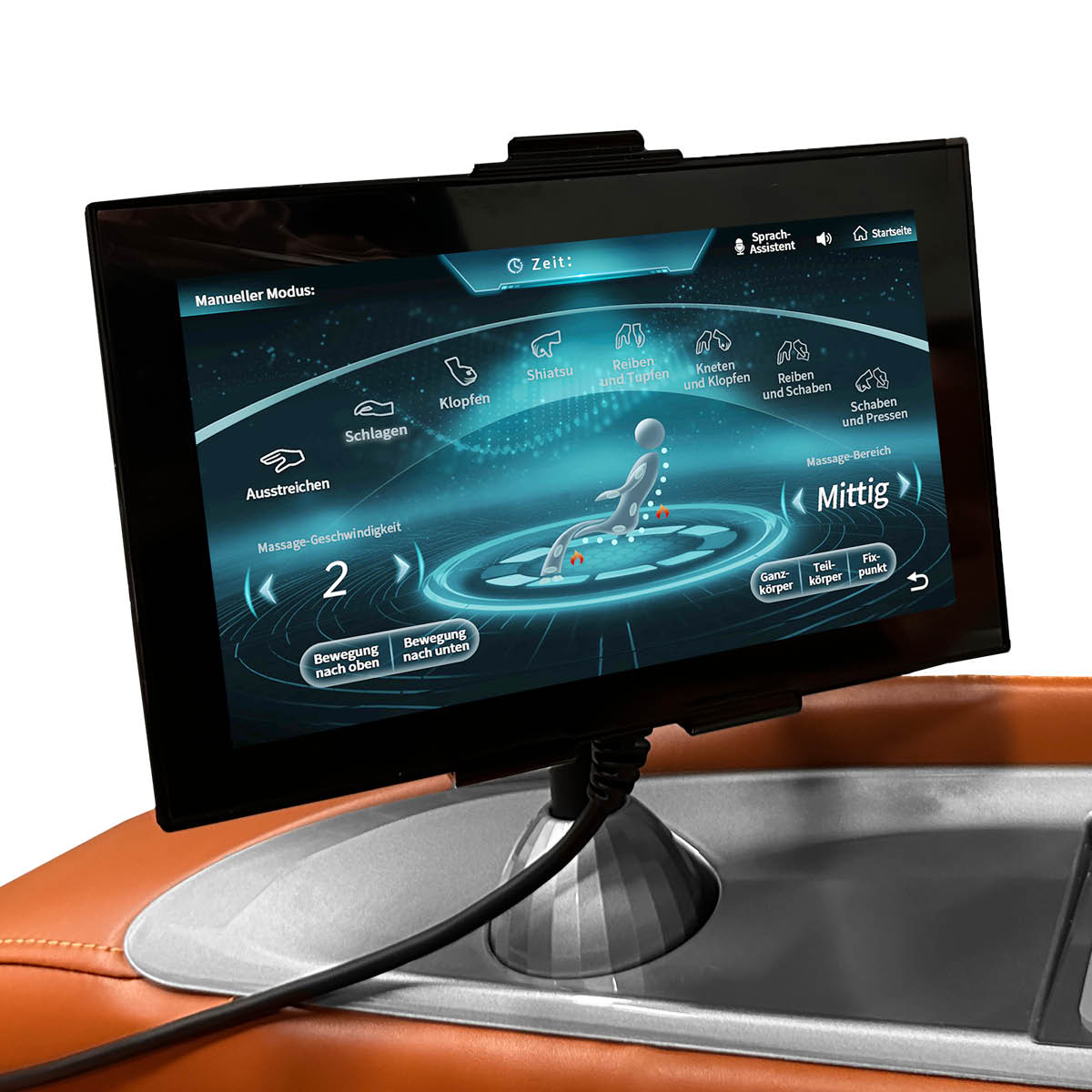 Schwarzer Touchscreen zur Steuerung des Massagesessels YUNA cognac mit Benutzerinterface für Ganzkörper Massagesessel.