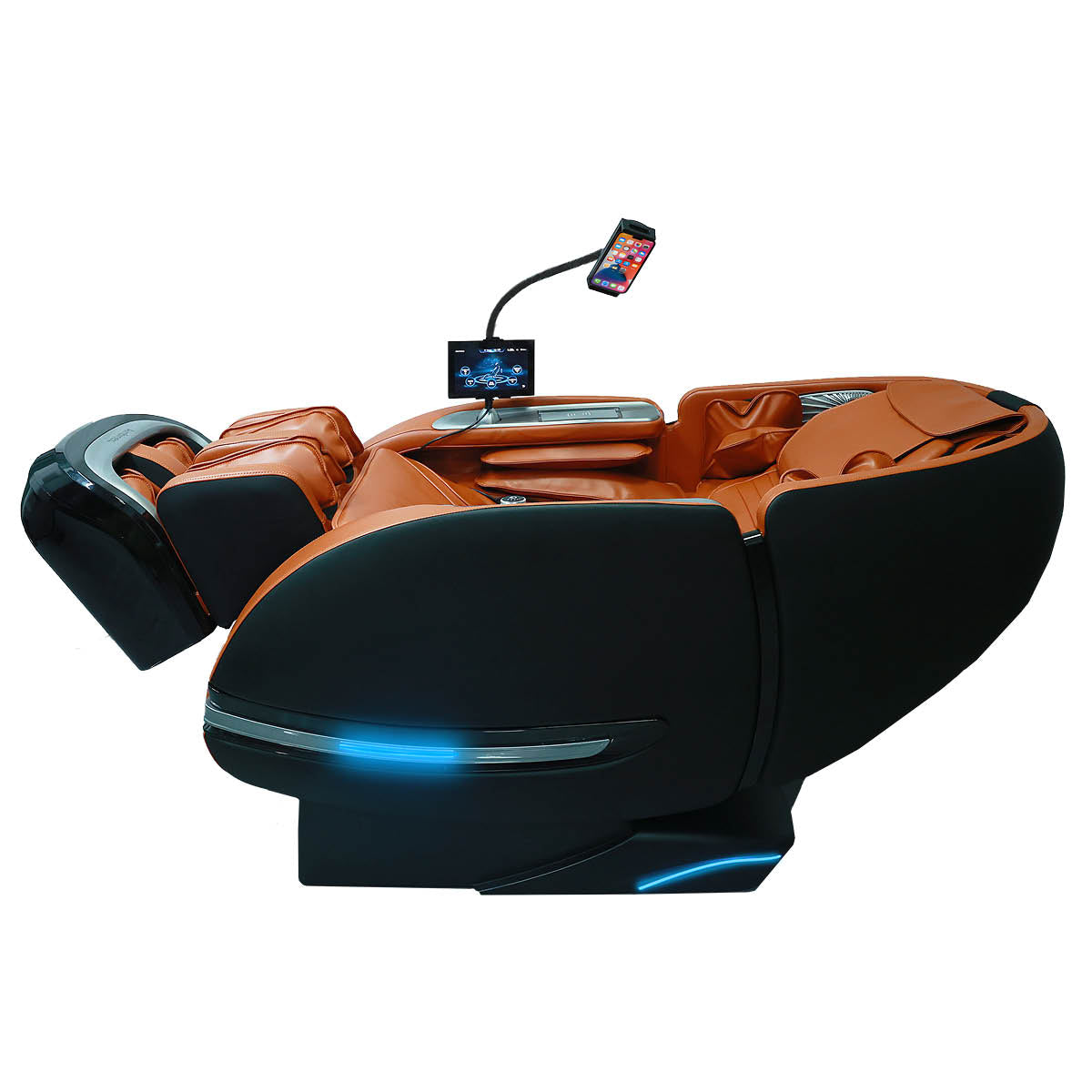 Cognacfarbener Relaxsessel und Massagesessel mit Wärmefunktion, verstellbarem Fußteil, Touchscreen-Bedienung, moderner.