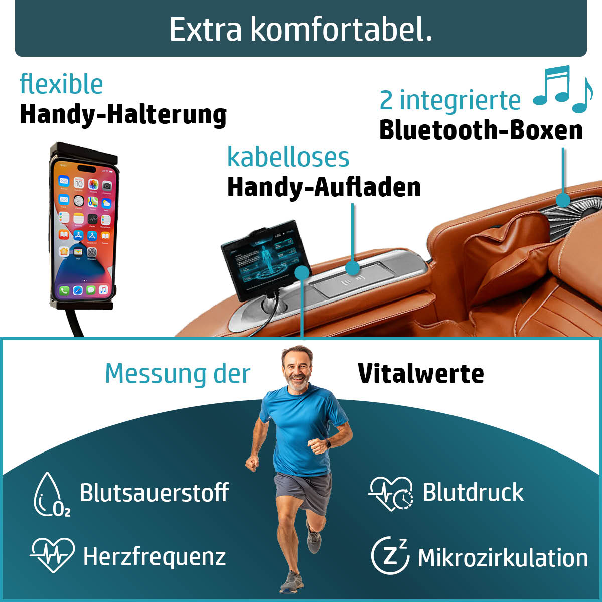 Ambiness Massagesessel YUNA cognac aus Leder mit kabellosem Handy-Aufladen und integrierten Bluetooth-Boxen, Relaxsessel mit .