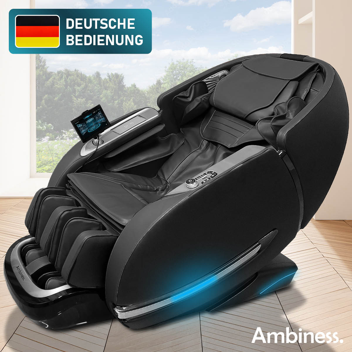Schwarzer Ambiness Massagesessel mit Wärmefunktion, moderner Relaxsessel und Ganzkörper Massagestuhl.