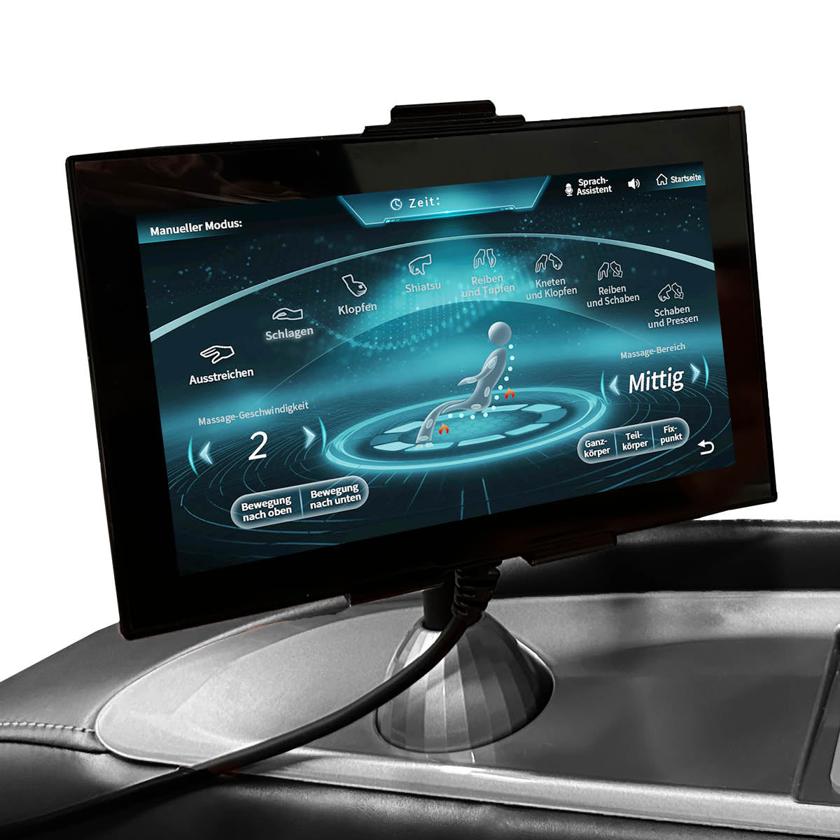 Touchscreen-Steuerung für Massagesessel mit mehreren Programmen und Wärmefunktion.