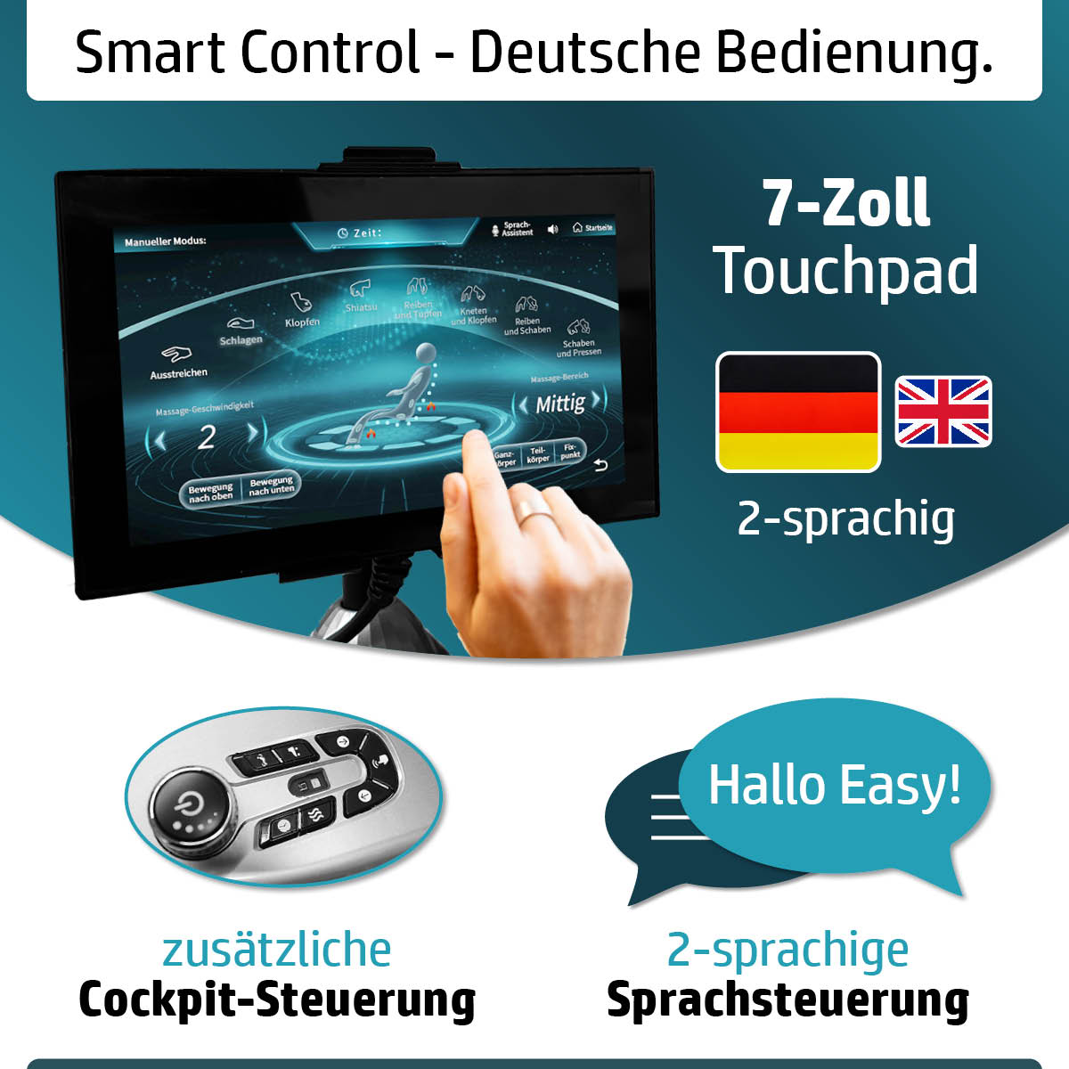 7-Zoll-Touchpad Massagesessel Steuerung mit deutscher Bedienung, Cockpit- und Sprachsteuerung, Relaxsessel Funktionen.