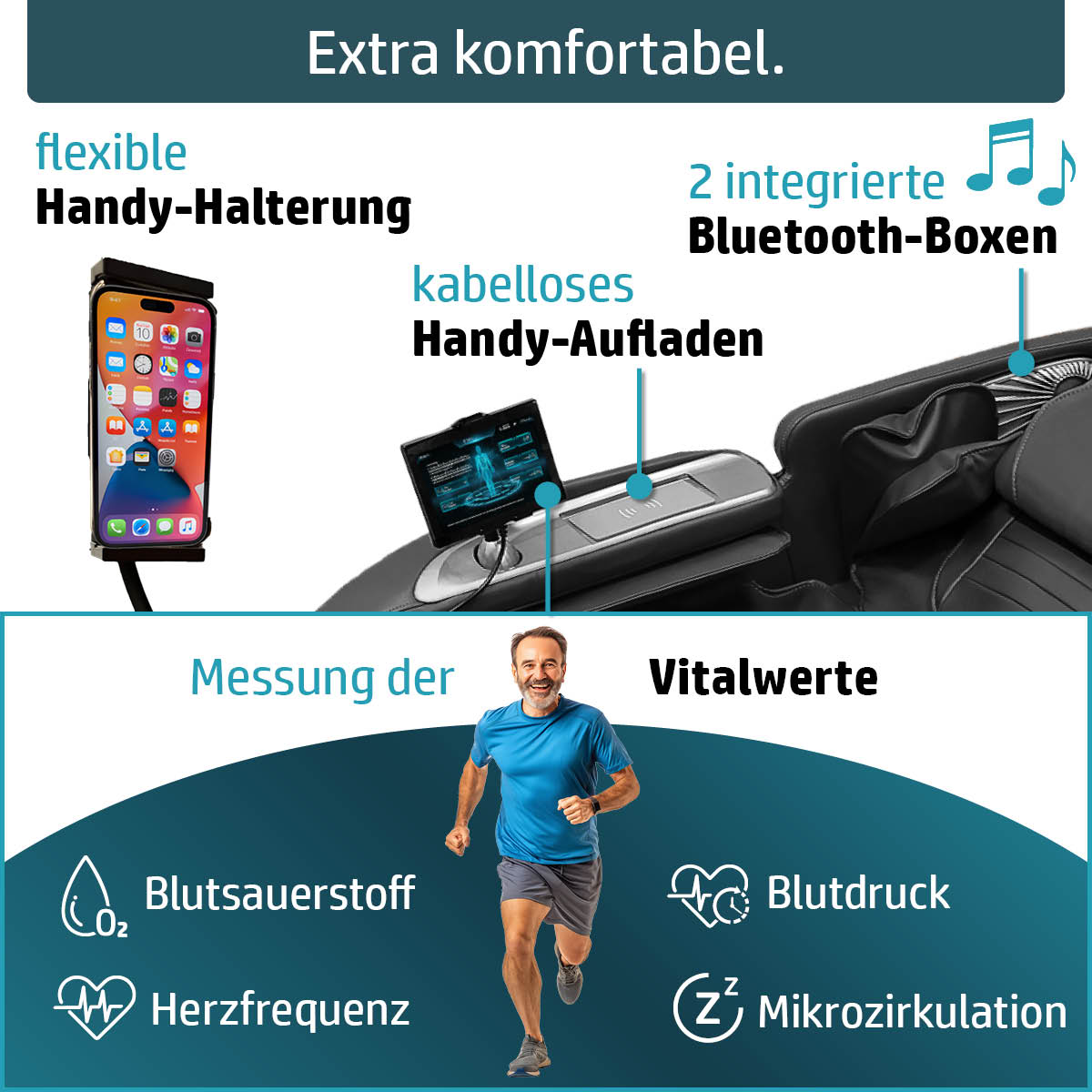 Schwarzer Ambiness Massagesessel mit kabellosem Handy-Ladefach, integrierten Bluetooth-Boxen und Massagefunktion für.