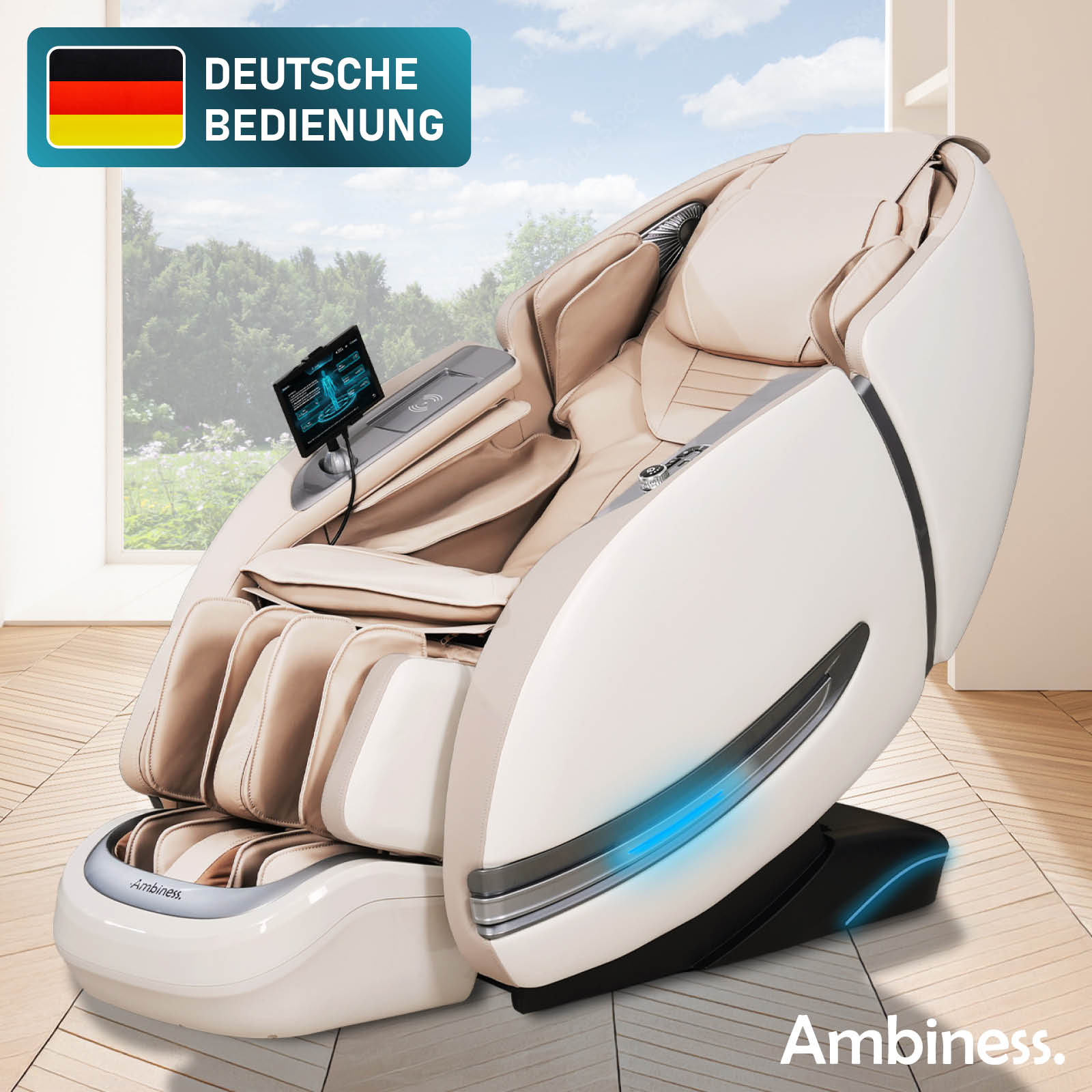 Weißer Ambiness Massagesessel YUNA mit braunem Polster, integriertem Display und moderner Beleuchtung.