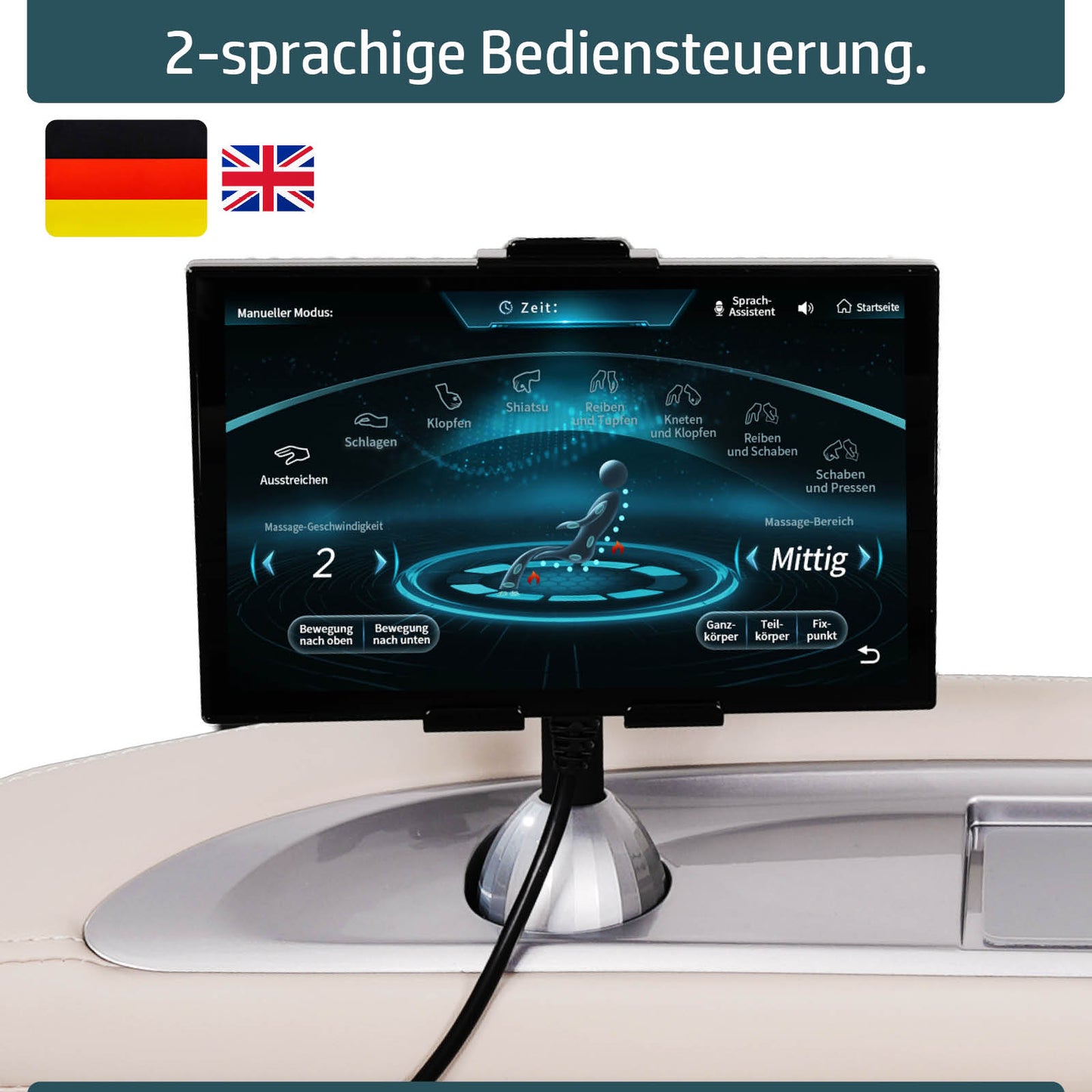 Massagesessel YUNA weiße Steuerung mit großem digitalem Display und moderner Bedienoberfläche.