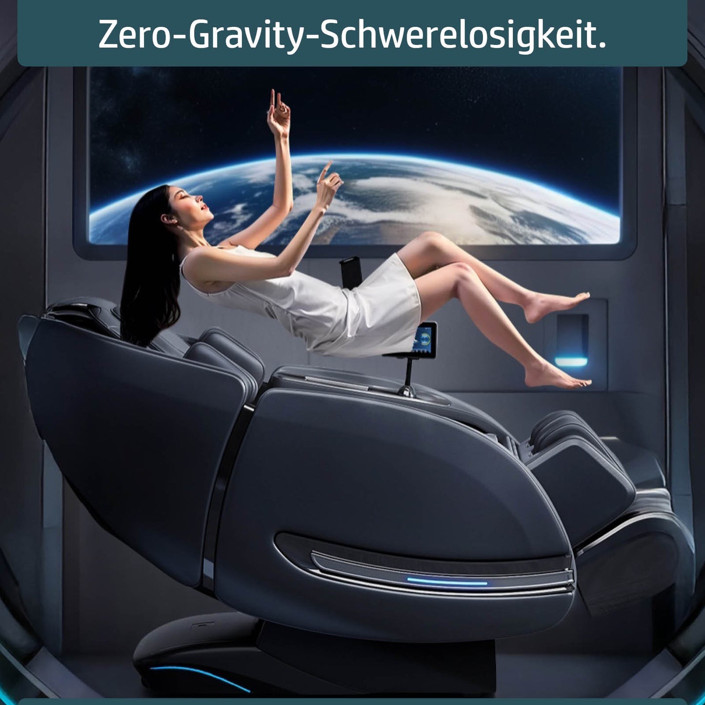 Moderner weißer Massagesessel mit geschwungener Form und schwarzen Details, ergonomisch gestaltet.