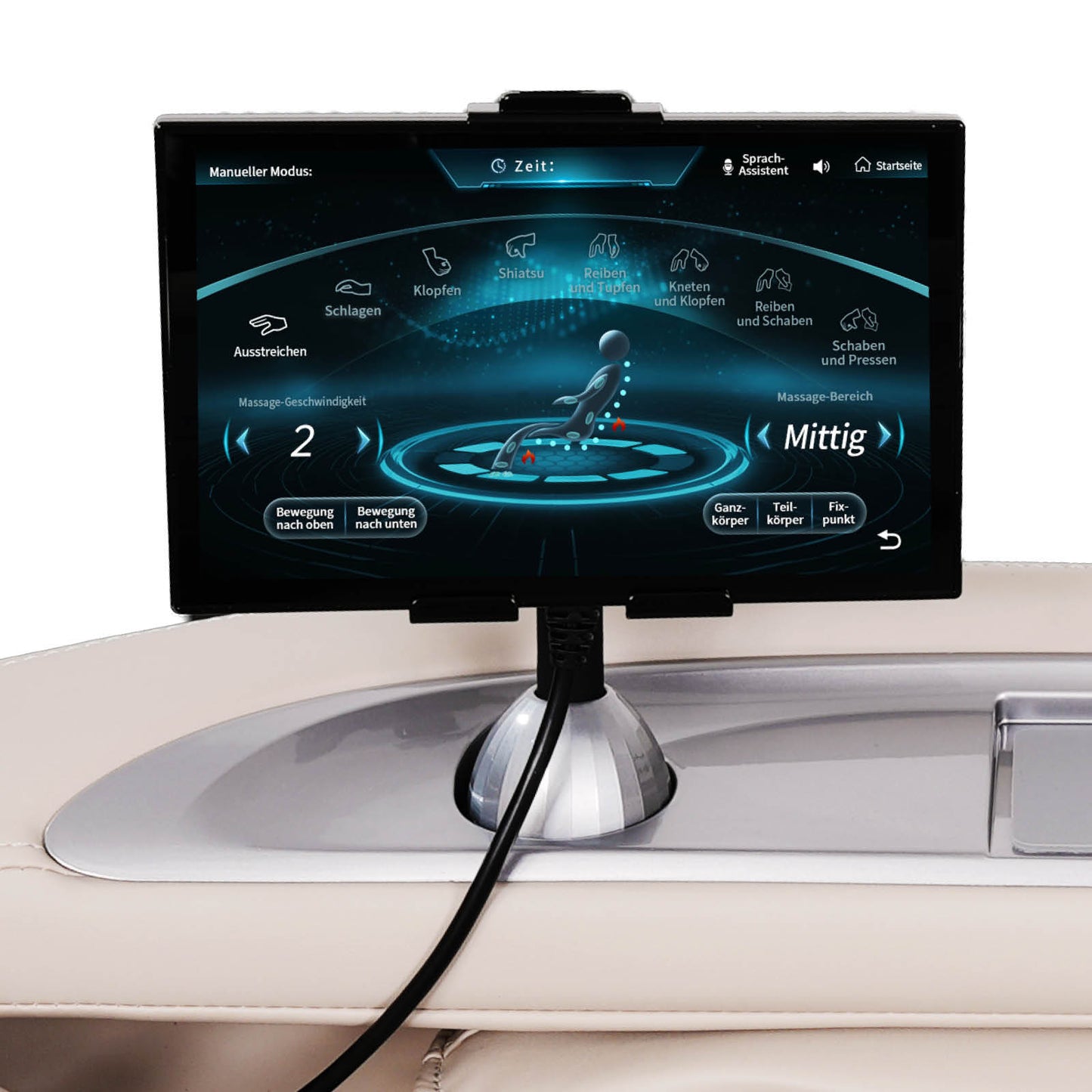 Schwarzes digitales Bedienfeld mit blauem Touchscreen und Massageprogramm-Icons auf weißem Massagesessel.
