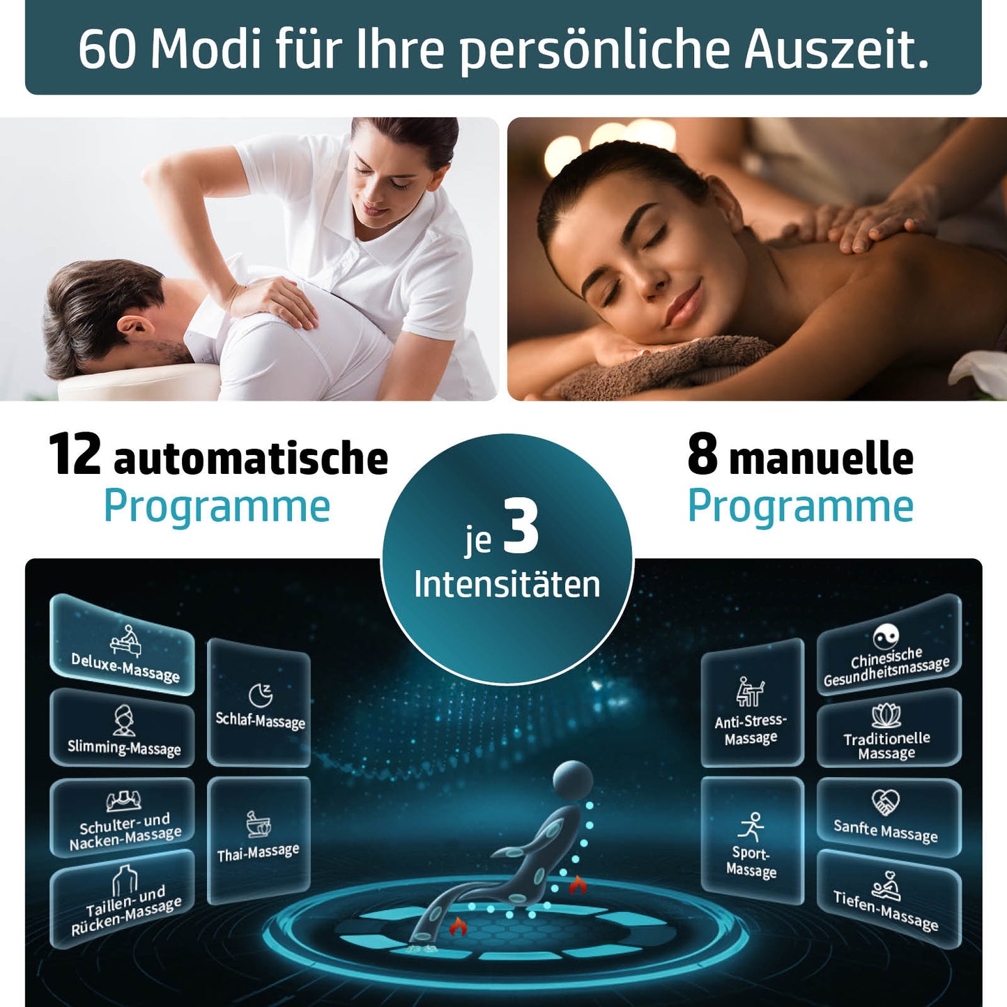 Weißer Ambiness Massagesessel YUNA mit ergonomischem Design und Steuerungstafel.