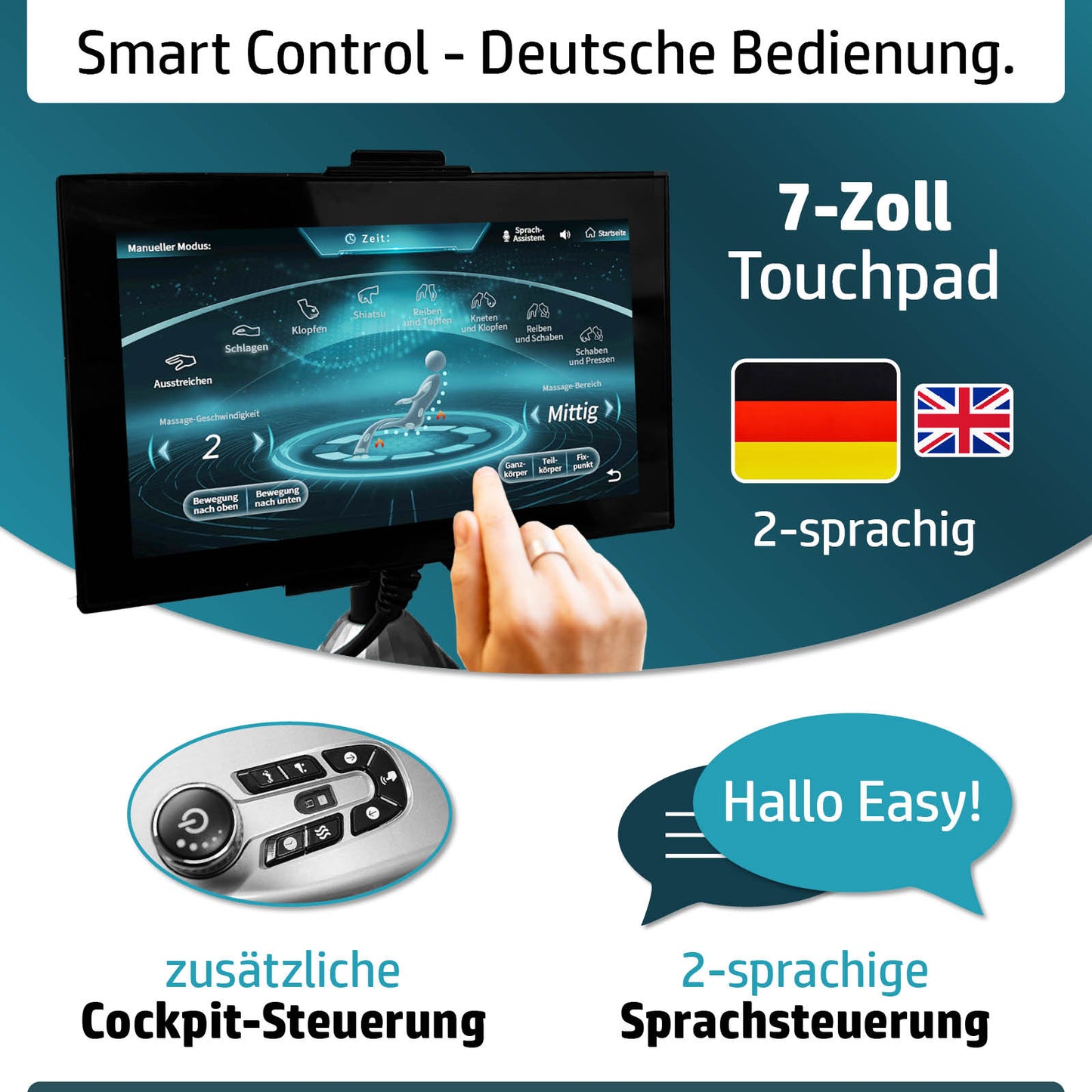 Schwarzes 7-Zoll-Touchpad mit mehrsprachiger deutscher und englischer Bedienoberfläche und Cockpit-Steuerung für.