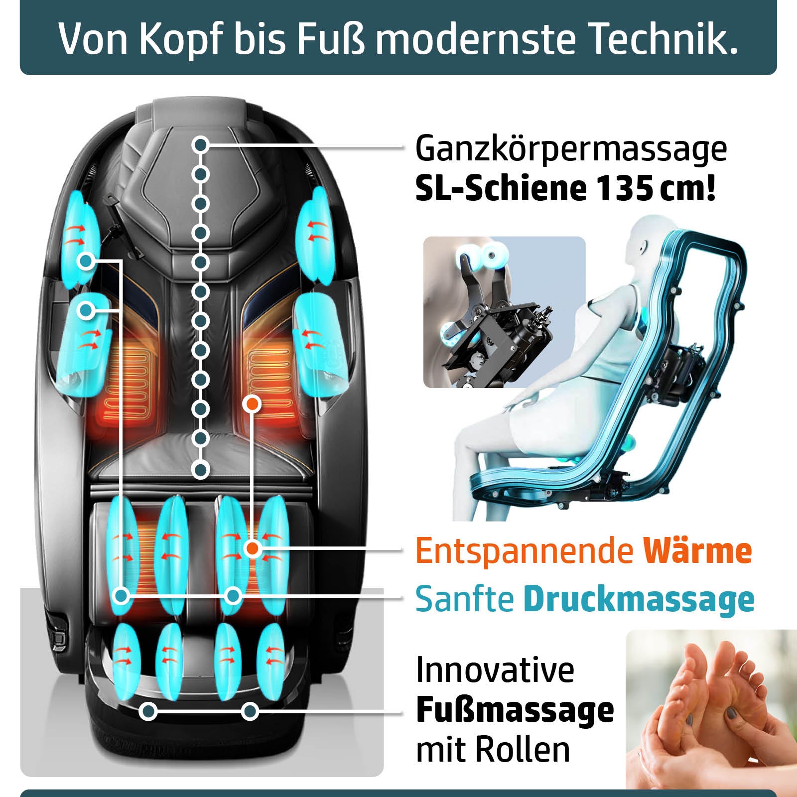 Weißer Massagesessel mit ergonomischer Form, integrierter Ganzkörper- und Fußmassage, auffälligen blauen Massagepunkten und.