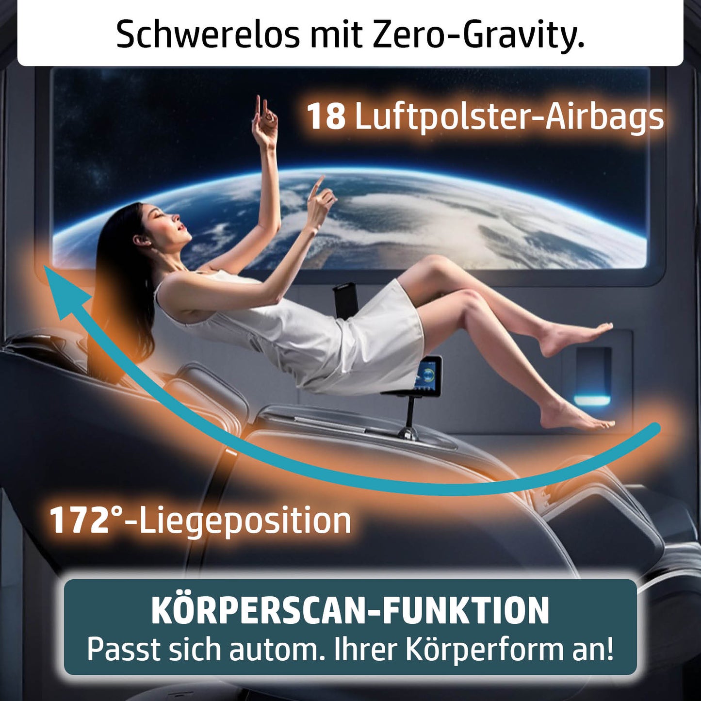 Weißer Massagesessel mit ergonomischem Design, 18 Luftpolster-Airbags, 172° Liegeposition, und digitaler Steuerung, ideal.
