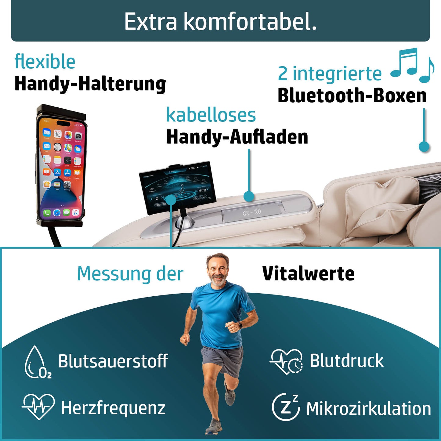Weißer Massagesessel mit weichem Polster, glatten Linien, integriertem Handy-Ladeplatz und Bluetooth-Boxen.