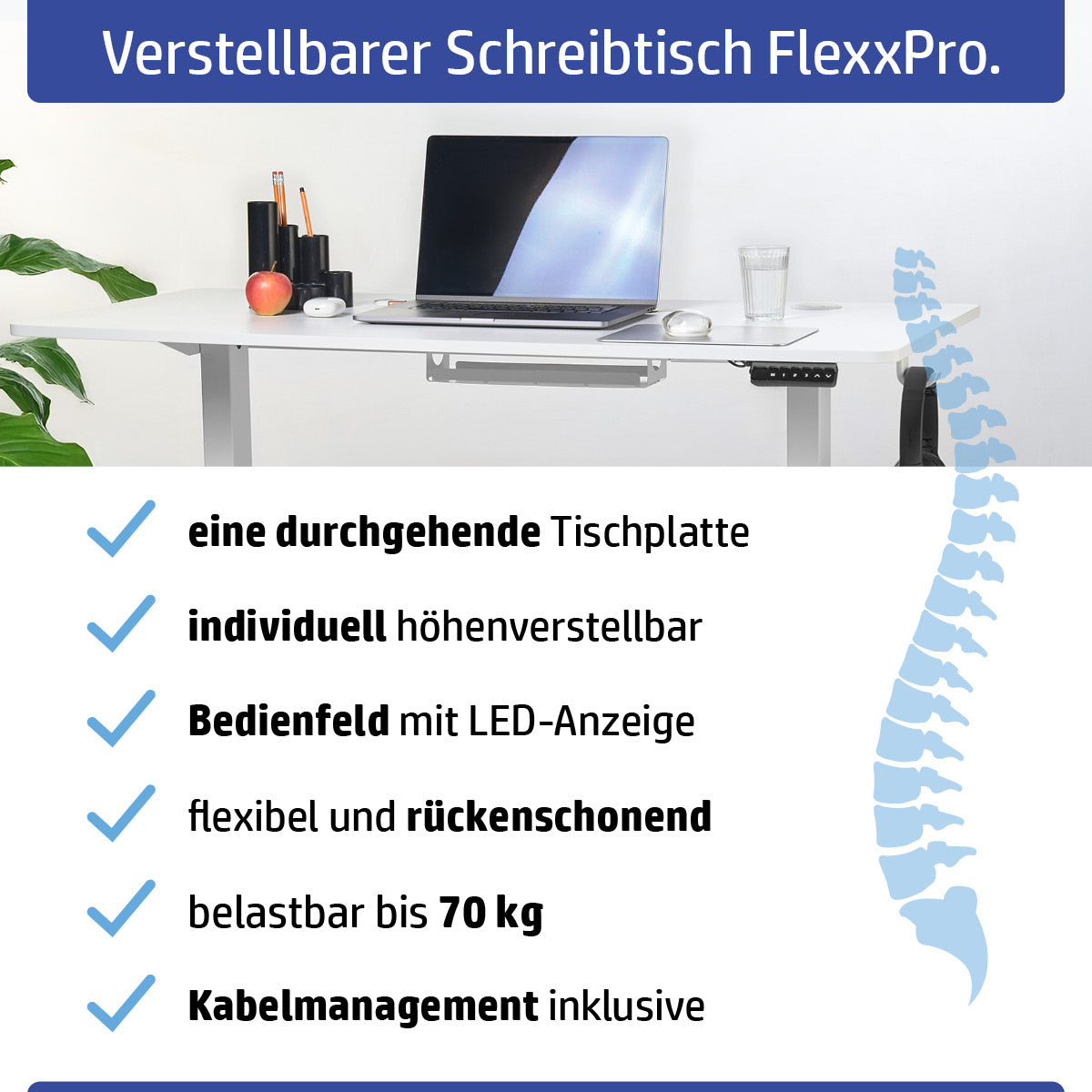 Weißer höhenverstellbarer Schreibtisch 100x60 cm mit durchgehender Tischplatte und LED-Bedienfeld.