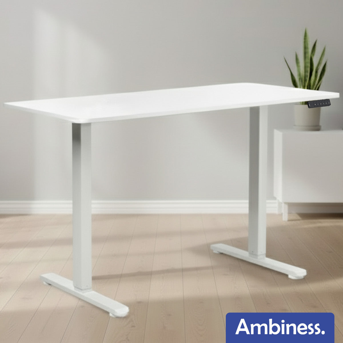 Weißer höhenverstellbarer Schreibtisch 100x60 cm mit zwei Beinen und elektronischer Steuerung.