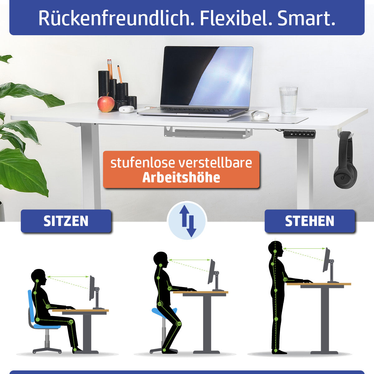 Weißer höhenverstellbarer Schreibtisch 100x60 cm mit Laptop, Stifthalter und Glas Wasser, ideal ergonomisch für Sitz- und.