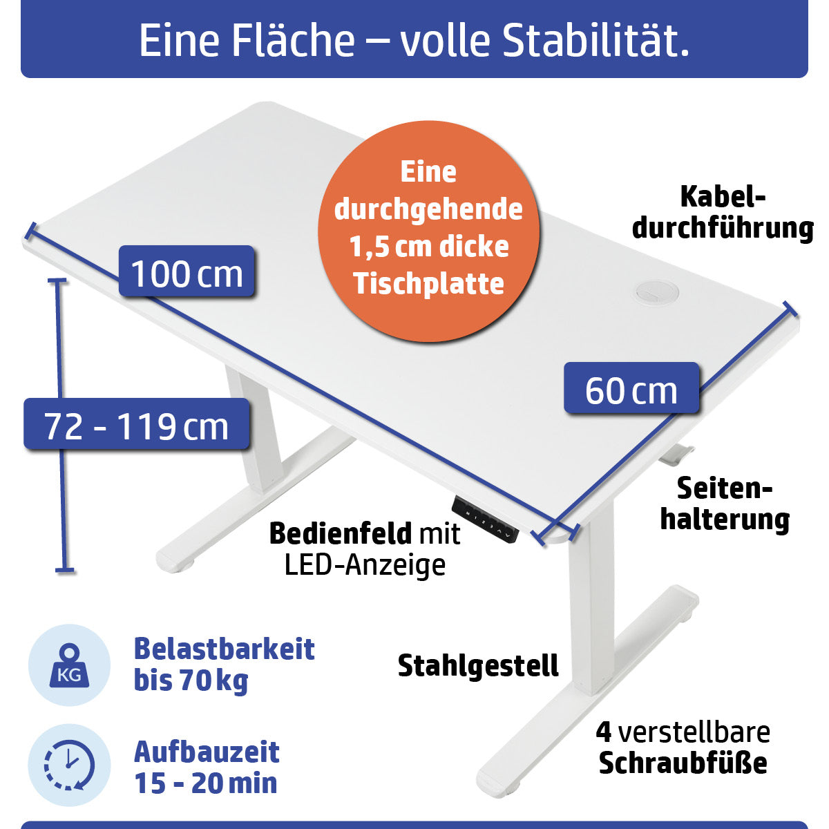 Weißer höhenverstellbarer Schreibtisch 100x60 cm mit Stahlgestell und Kabeldurchführung.