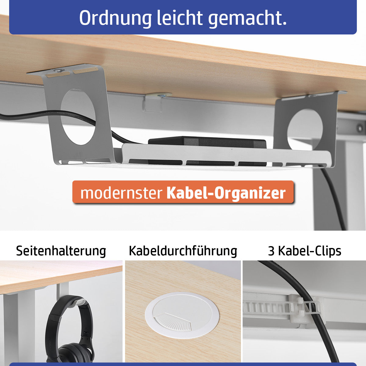 Höhenverstellbarer Schreibtisch mit ahornfarbenem Tisch und modernem Kabel-Organizer mit Seitenhalterung und.