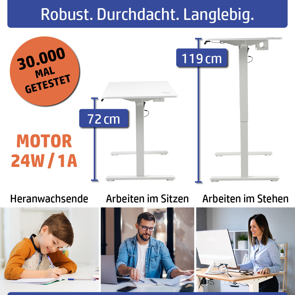 Weißer höhenverstellbarer Schreibtisch 120x60 cm mit Motorantrieb bis 119 cm Höhe.