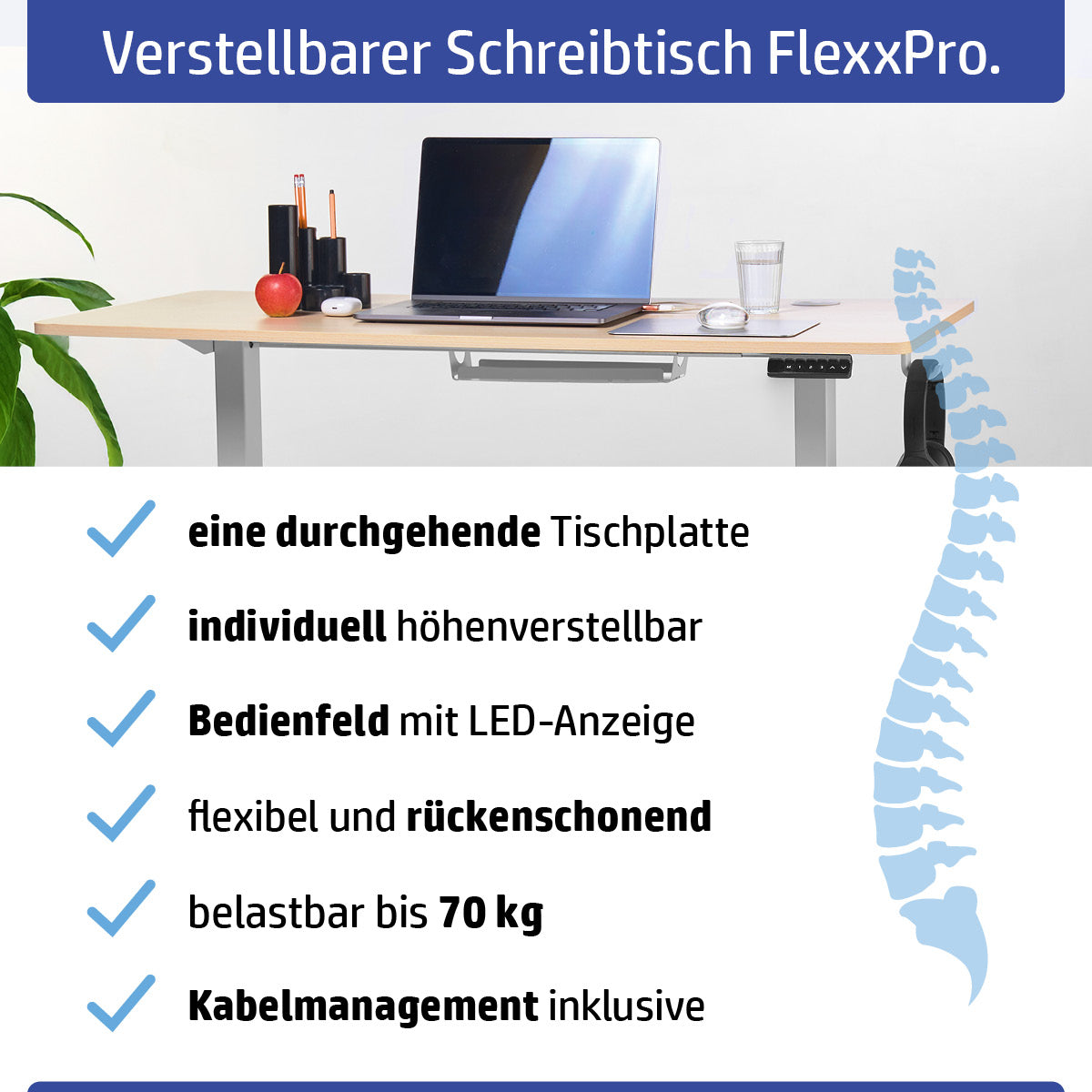 Höhenverstellbarer Schreibtisch FlexxPro 120x60 cm mit ahornfarbener Tischplatte, schwarzem Gestell und LED-Steuerung.
