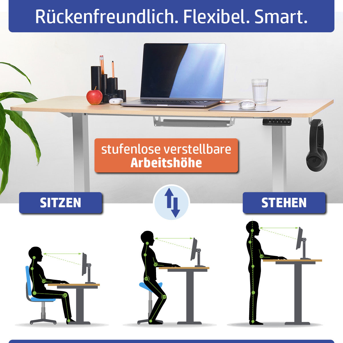 Höhenverstellbarer Schreibtisch aus hellem Ahorn mit ergonomischer Anpassung fürs Sitzen und Stehen, mit Laptop,.