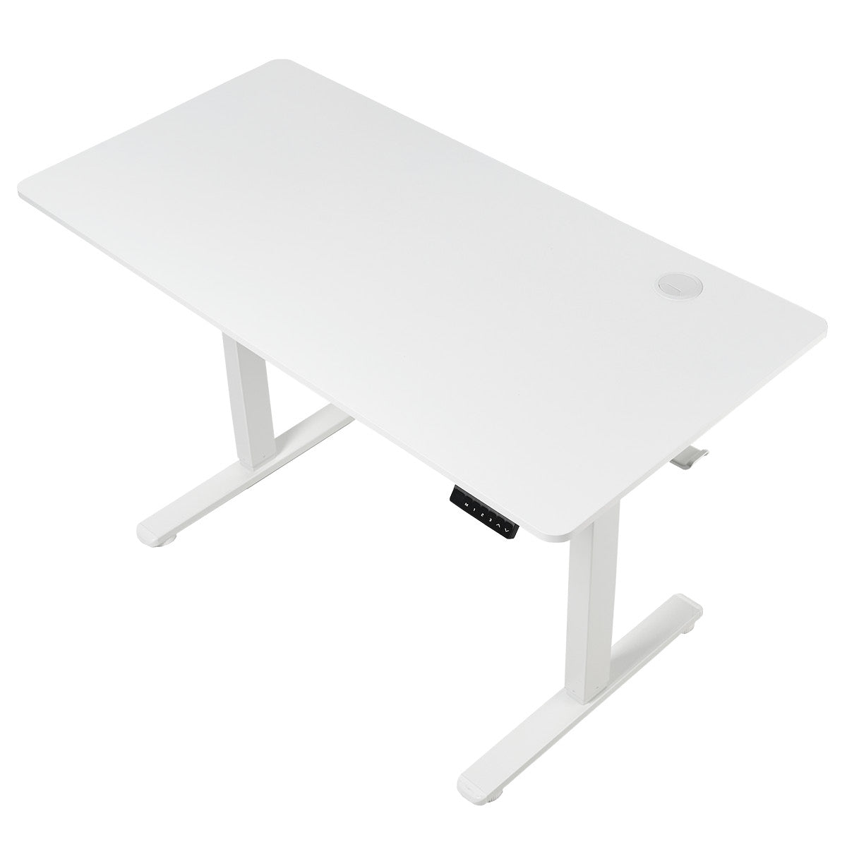 Weißer höhenverstellbarer Schreibtisch 135x60 cm mit Kabeldurchführung und T-Fußmodell.