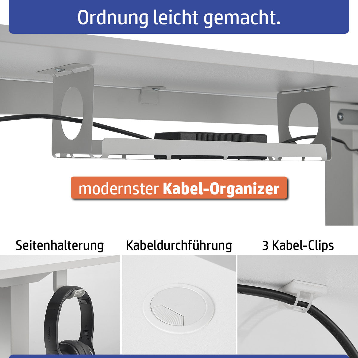Weißer höhenverstellbarer Schreibtisch mit integriertem Kabel-Organizer und seitlicher Kabelhalterung.
