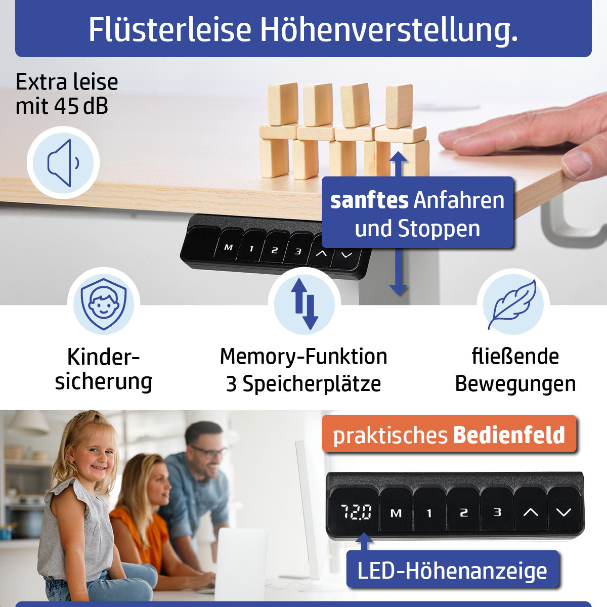 Höhenverstellbarer Schreibtisch FlexxPro 135x60 mit Ahornplatte und LED-Höhenanzeige, Bedienfeld mit 3 Speicherplätzen,.