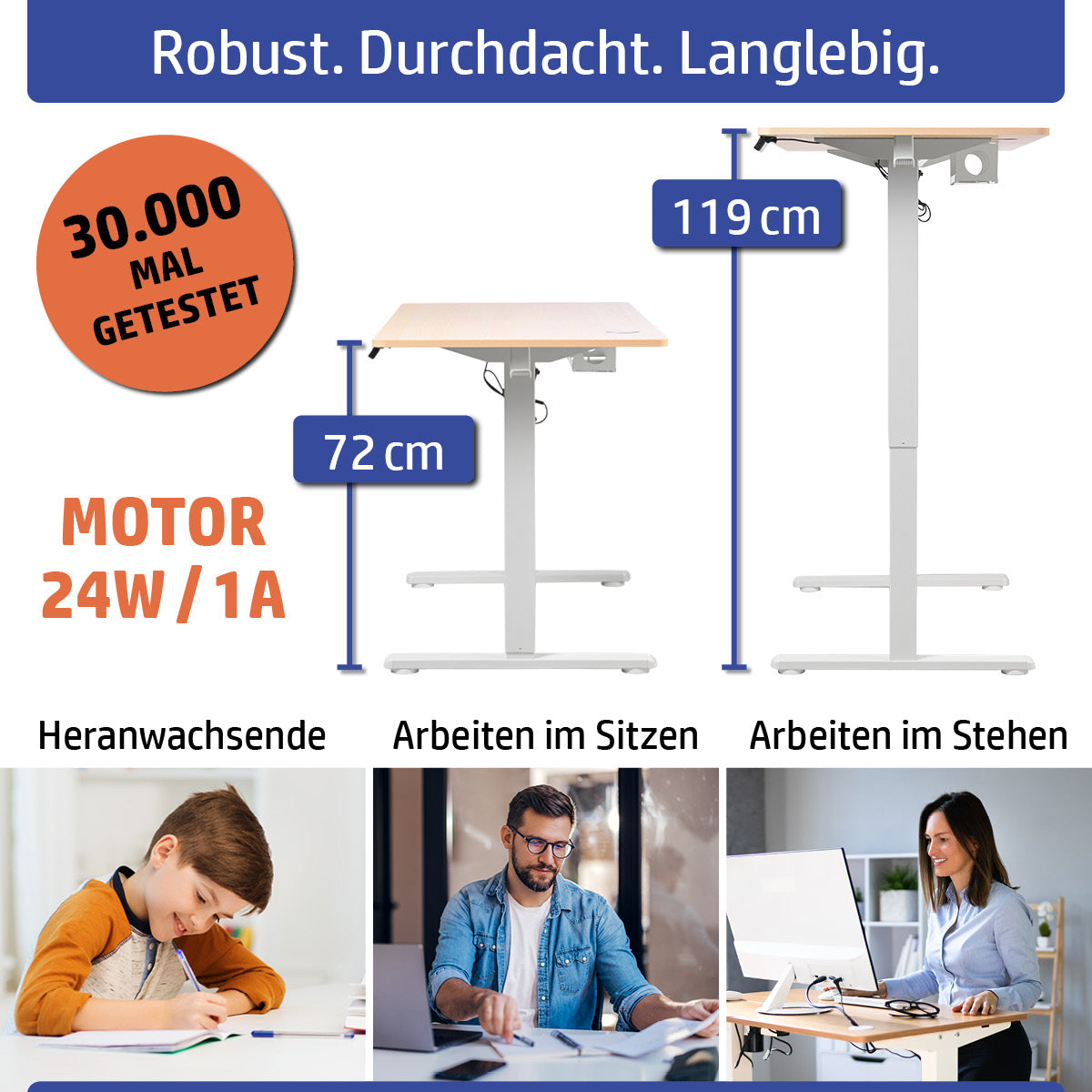 Höhenverstellbarer Schreibtisch mit ahornfarbener Tischplatte, Metallgestell in Weiß, flexibel von 72 bis 119 cm.