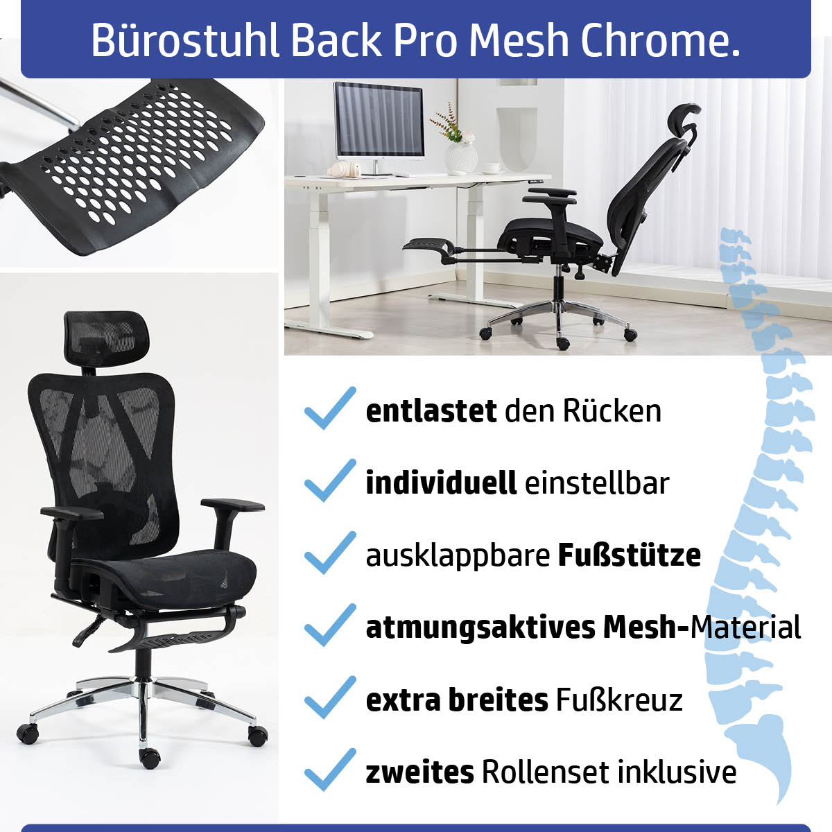 Schwarzer Bürostuhl mit atmungsaktivem Mesh, verstellbarer Kopfstütze, ausklappbarer Fußstütze und Chromgestell.