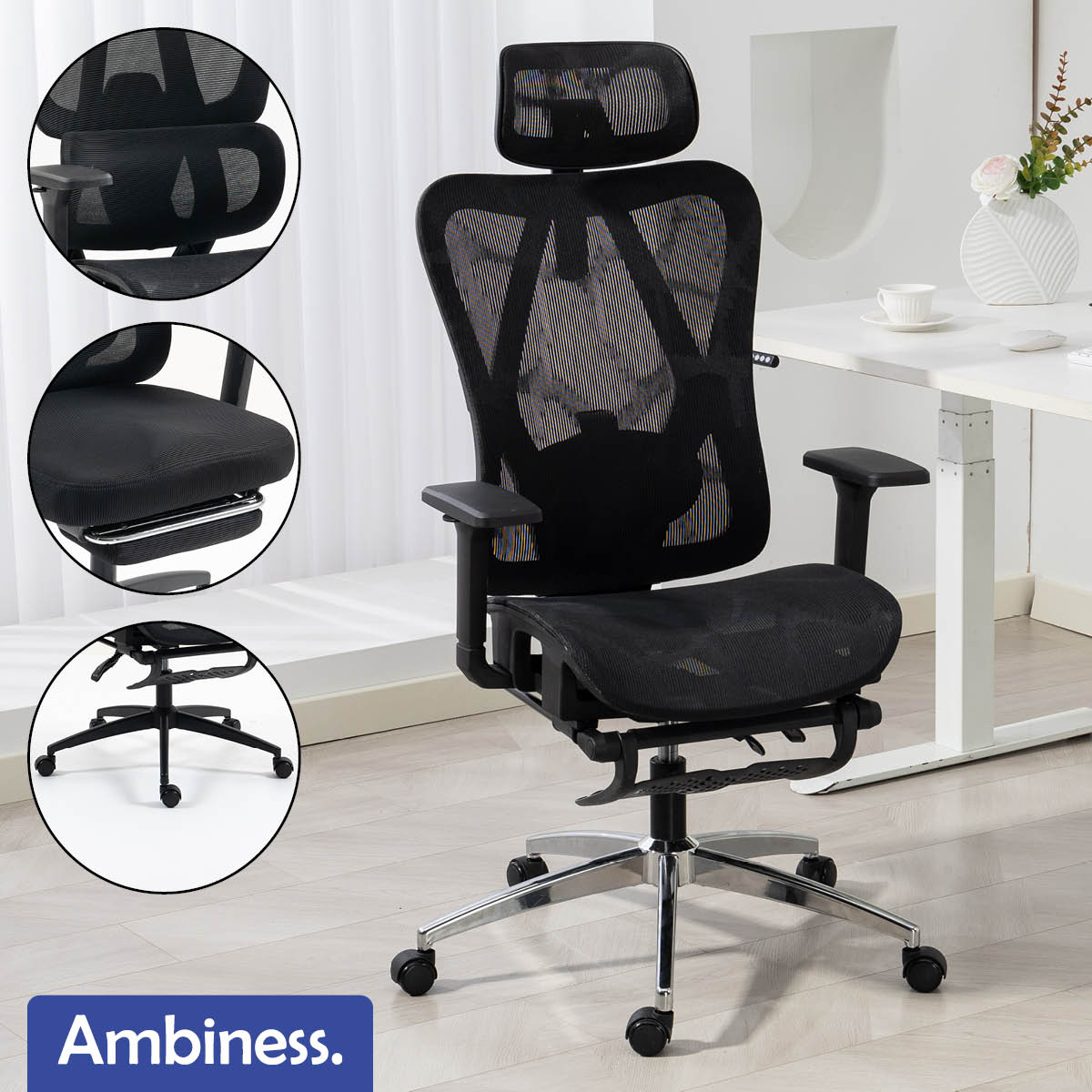 Schwarzer ergonomischer Bürostuhl mit atmungsaktivem Netzrücken, verstellbarer Kopfstütze und Chromgestell.
