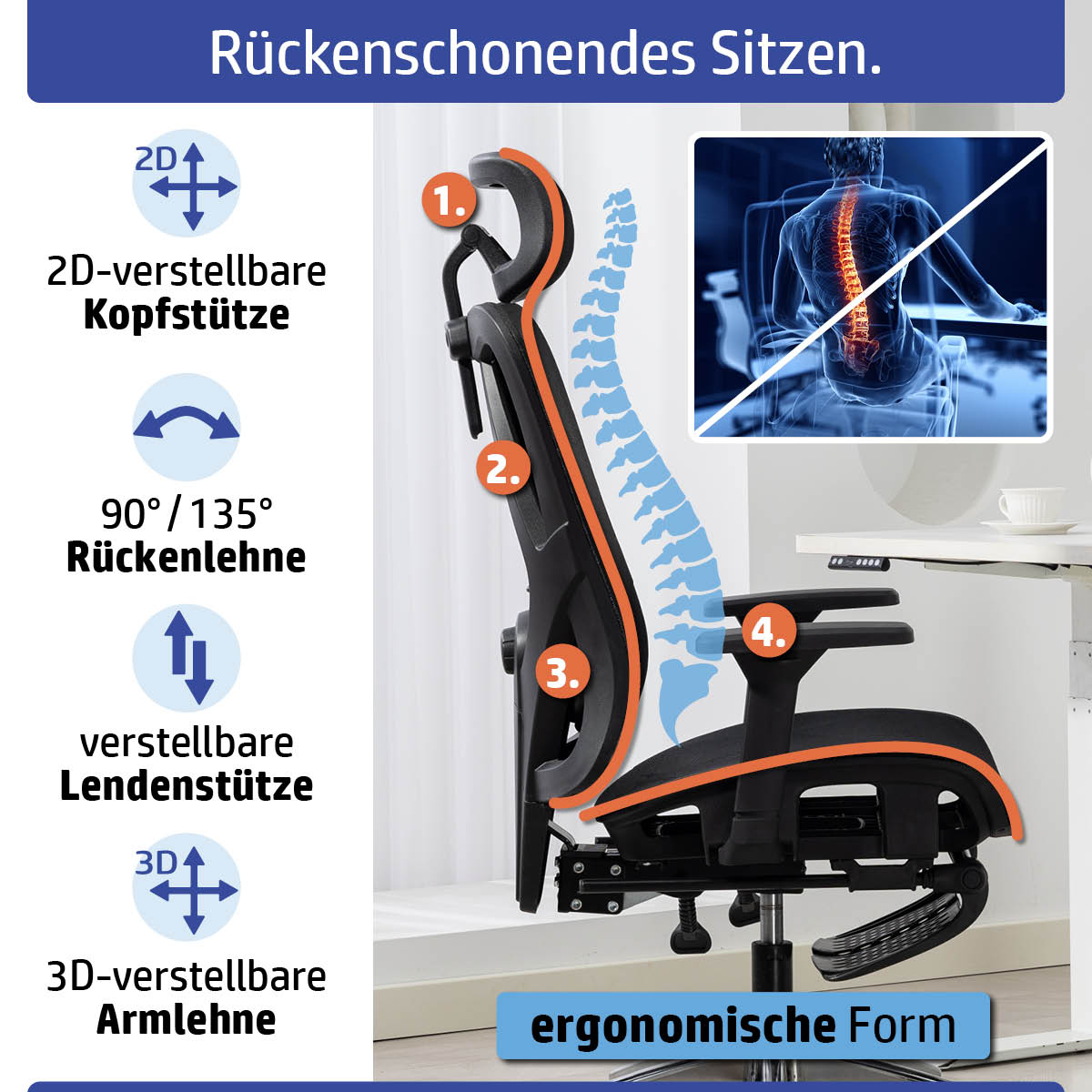 Schwarzer Ambiness Bürostuhl BackPro mit Mesh, verstellbarer Kopfstütze, Lordosenstütze und ergonomischer Form.