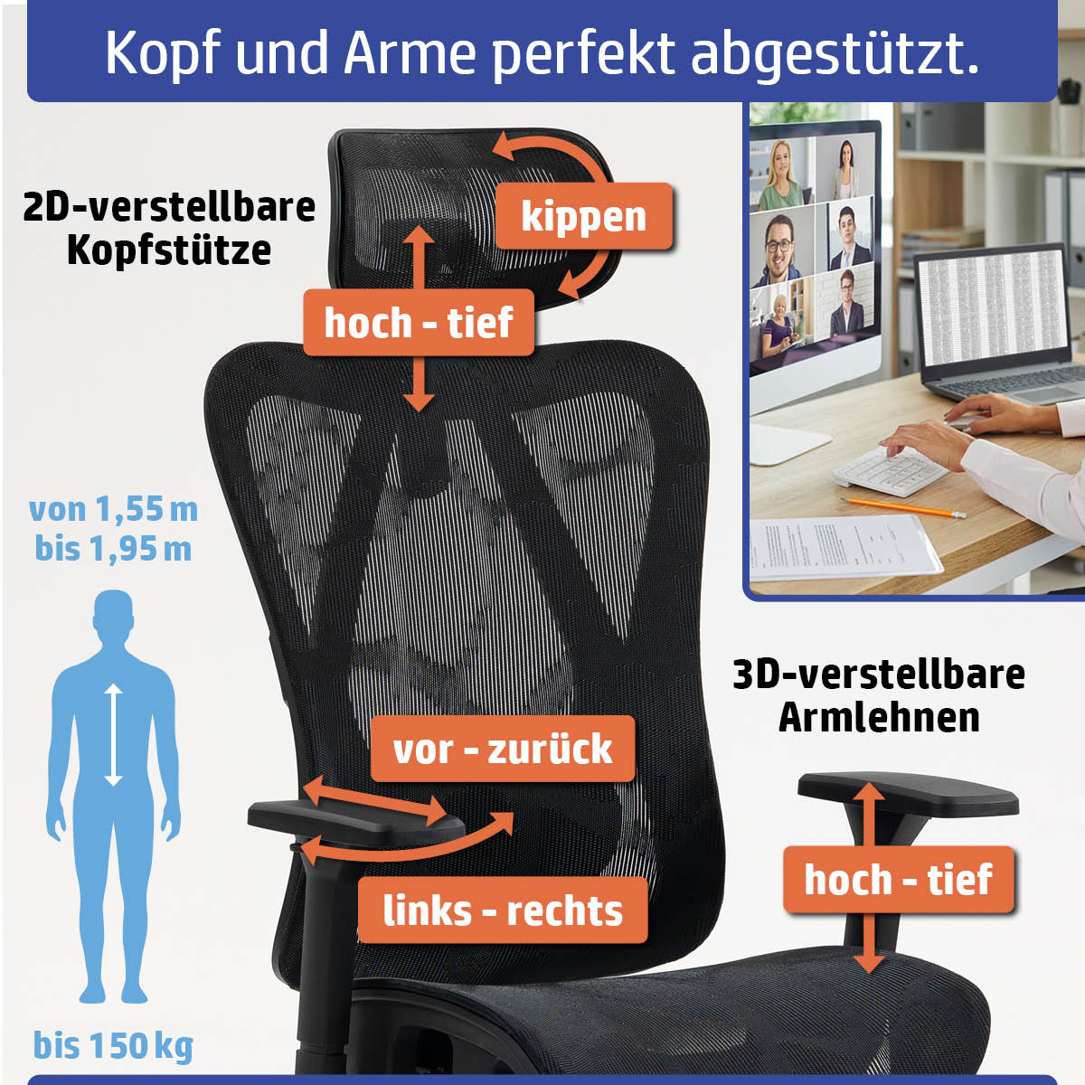 Schwarzer Ambiness Bürostuhl mit atmungsaktivem Mesh, verstellbarer 2D-Kopfstütze und 3D-Arme, ergonomisches Design.
