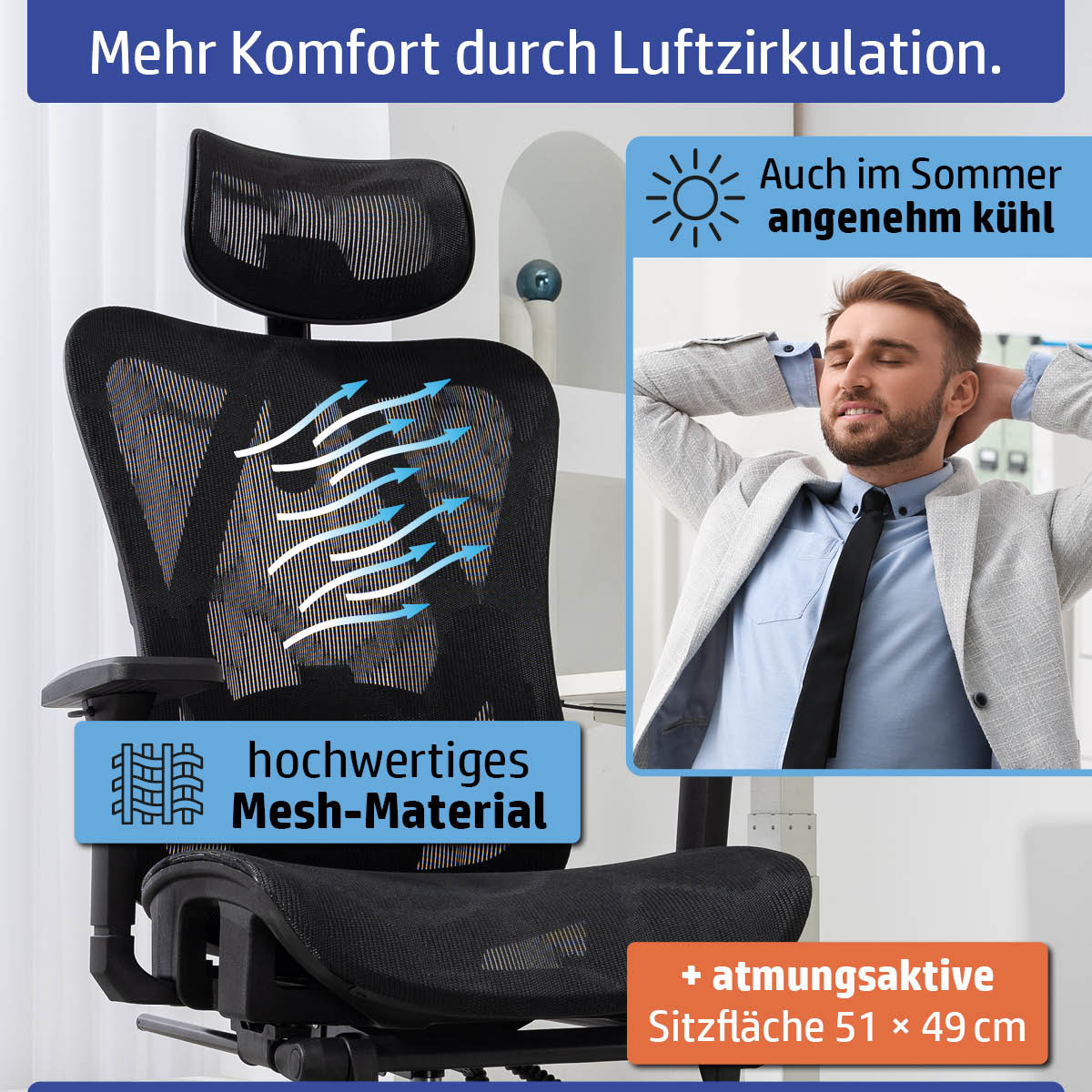 Schwarzer Bürostuhl mit atmungsaktivem Mesh-Material, Kopfstütze und ergonomischer Rückenlehne.