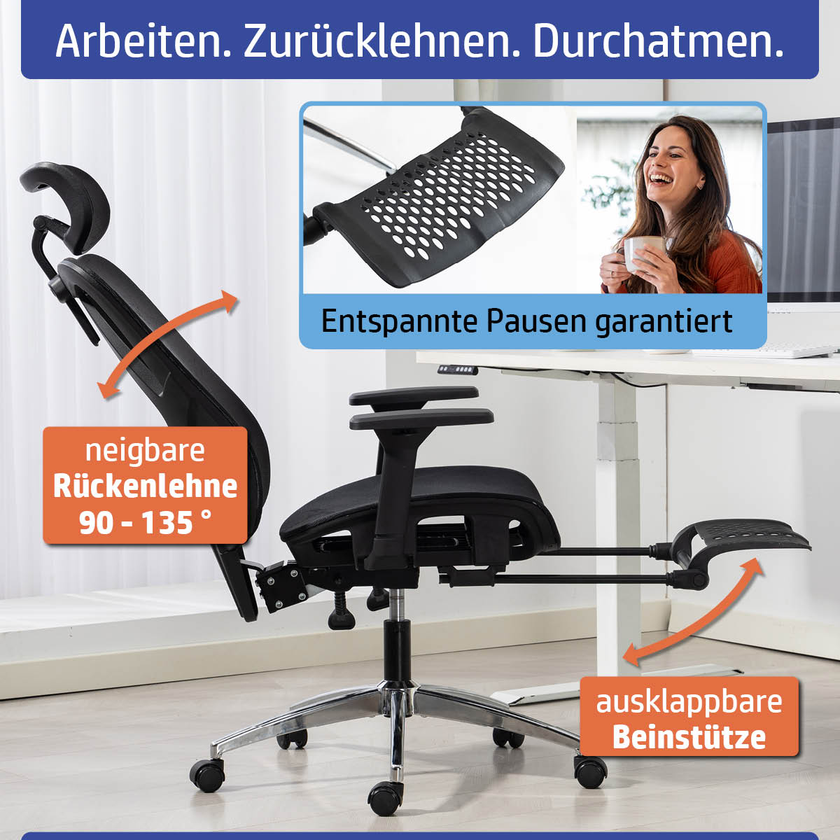 Moderner Bürostuhl mit schwarzem Mesh-Rücken, verstellbarer Rückenlehne und ausklappbarer Beinstütze.