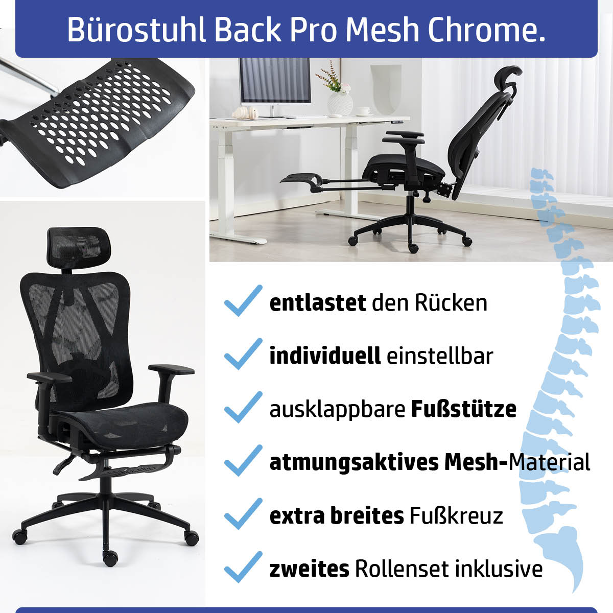 Schwarzer Bürostuhl mit atmungsaktivem Mesh, verstellbarer Kopfstütze und ergonomischer Rückenlehne.