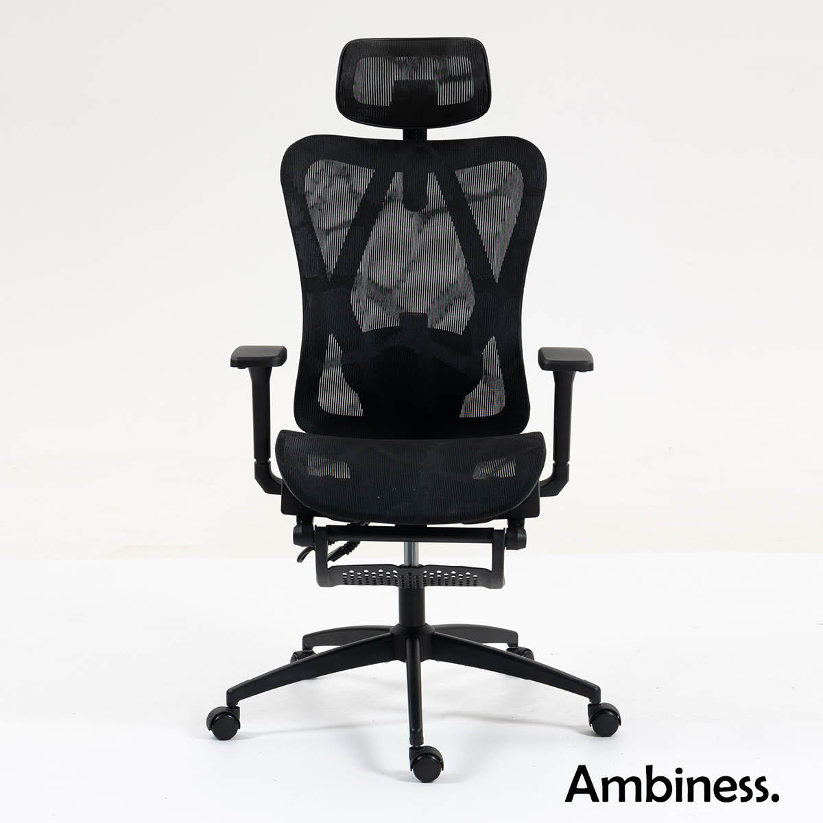 Schwarzer Ambiness Bürostuhl mit atmungsaktivem Mesh, verstellbarer Kopfstütze und Armlehnen, ergonomisches Design.